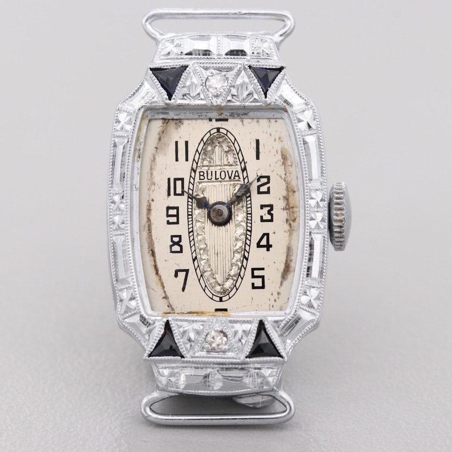 Vintage Bulova 14K White Gold Wristwatch With Diamond and Sapphire Bezel