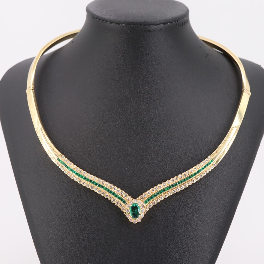 18K Yellow Gold 1.14 CT Emerald and 2.30 CTW Diamond Collar Necklace