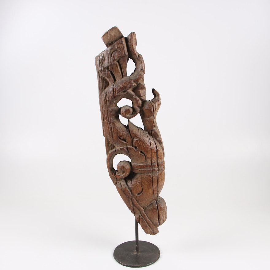 Architectural Carved Wood Scrolled Foliate Sculpture on Iron Stand