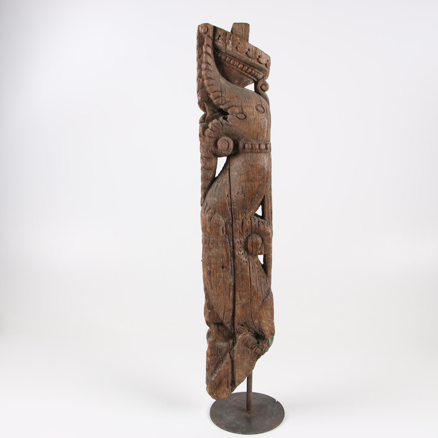 Architectural Carved Wood Scrolled Foliate Sculpture on Iron Stand