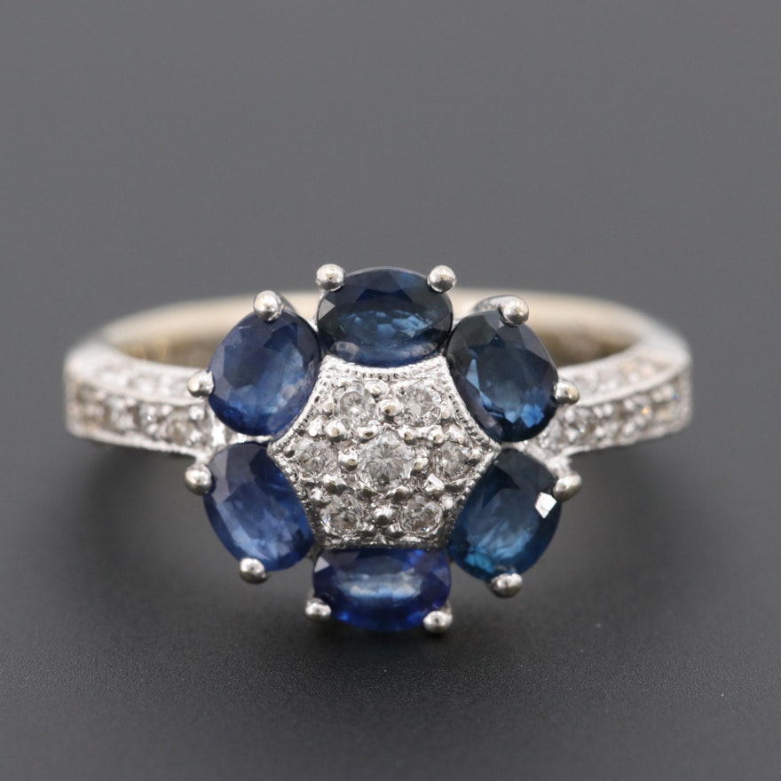 14K White Gold Diamond and Blue Sapphire Ring