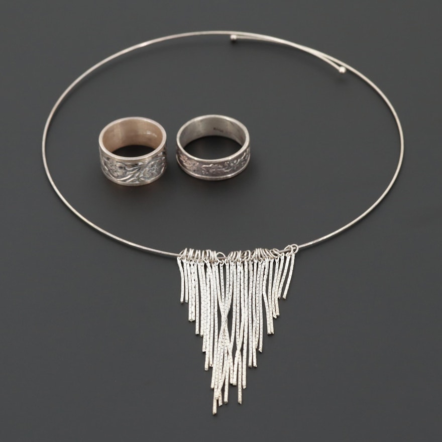 Sterling Silver Necklace and Floral Rings