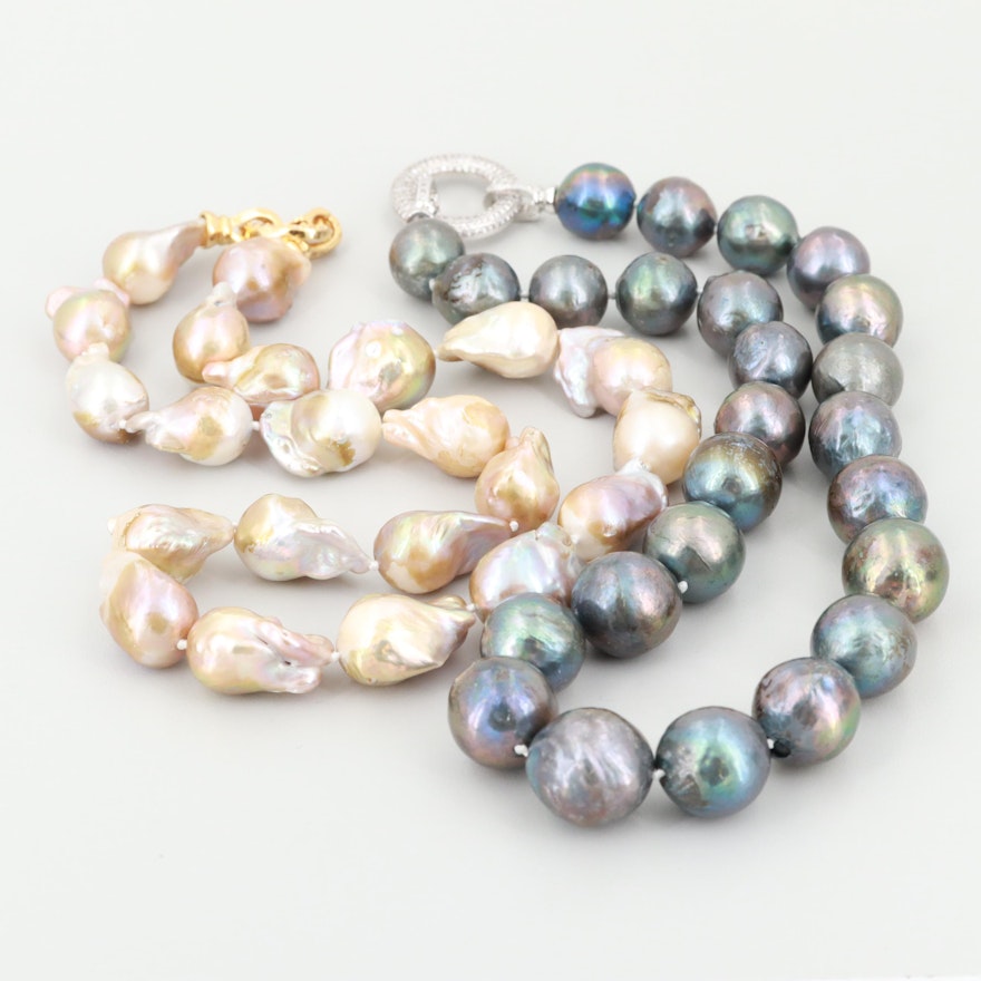 Gold and Silver Tone Cultured Pearl and Cubic Zirconia Necklaces