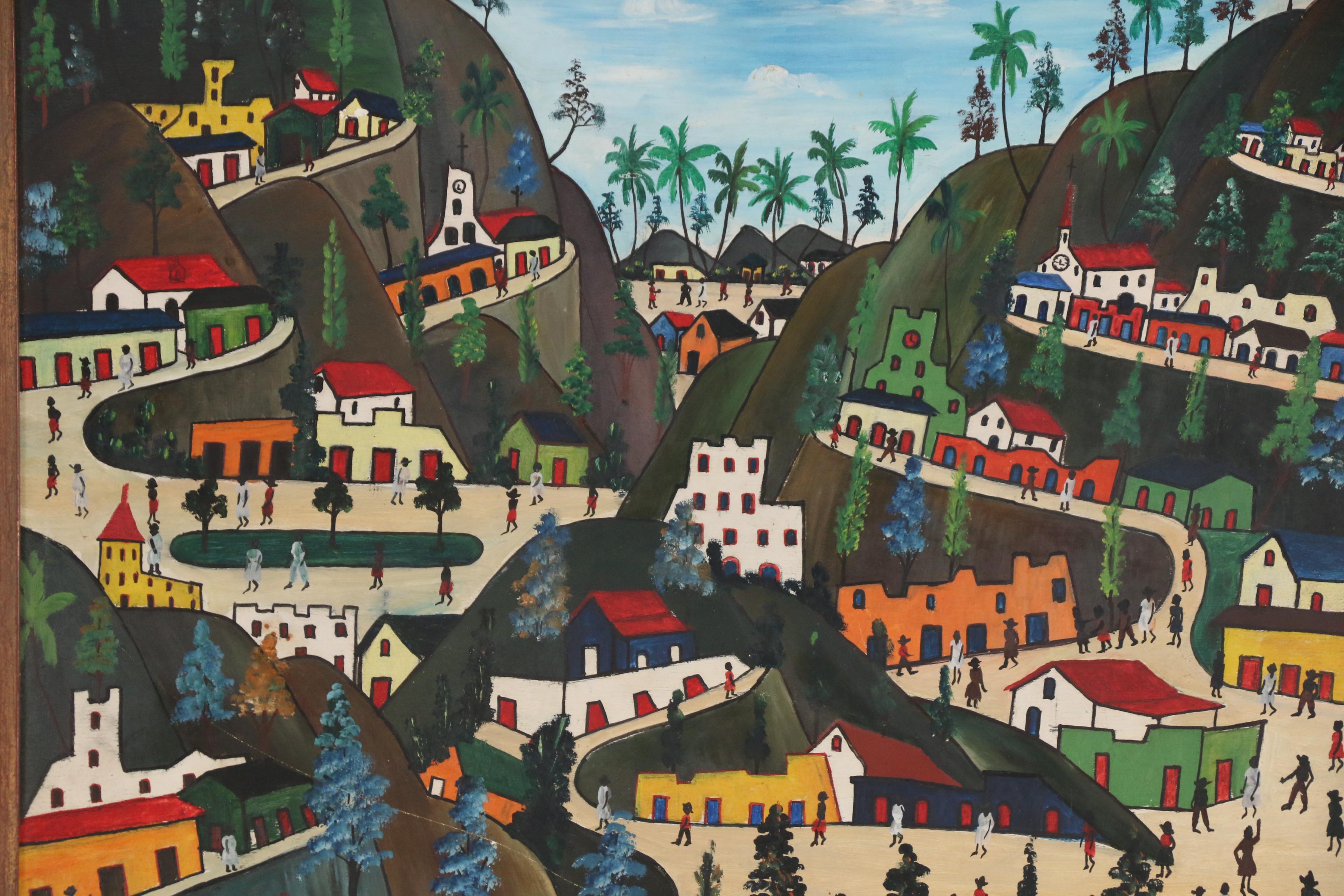 Préfète Duffaut Oil Painting of Haitian Village, 1965