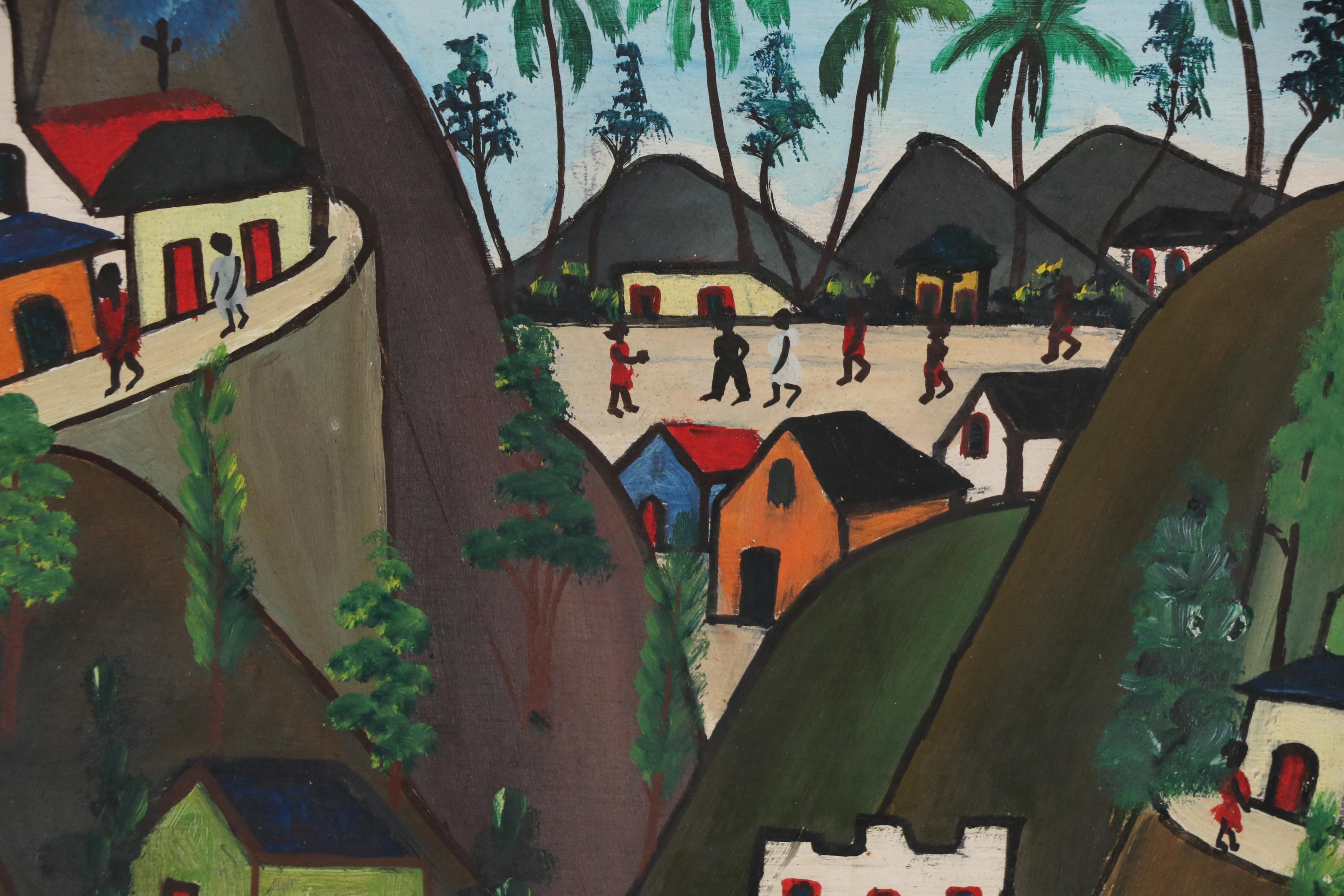 Préfète Duffaut Oil Painting of Haitian Village, 1965