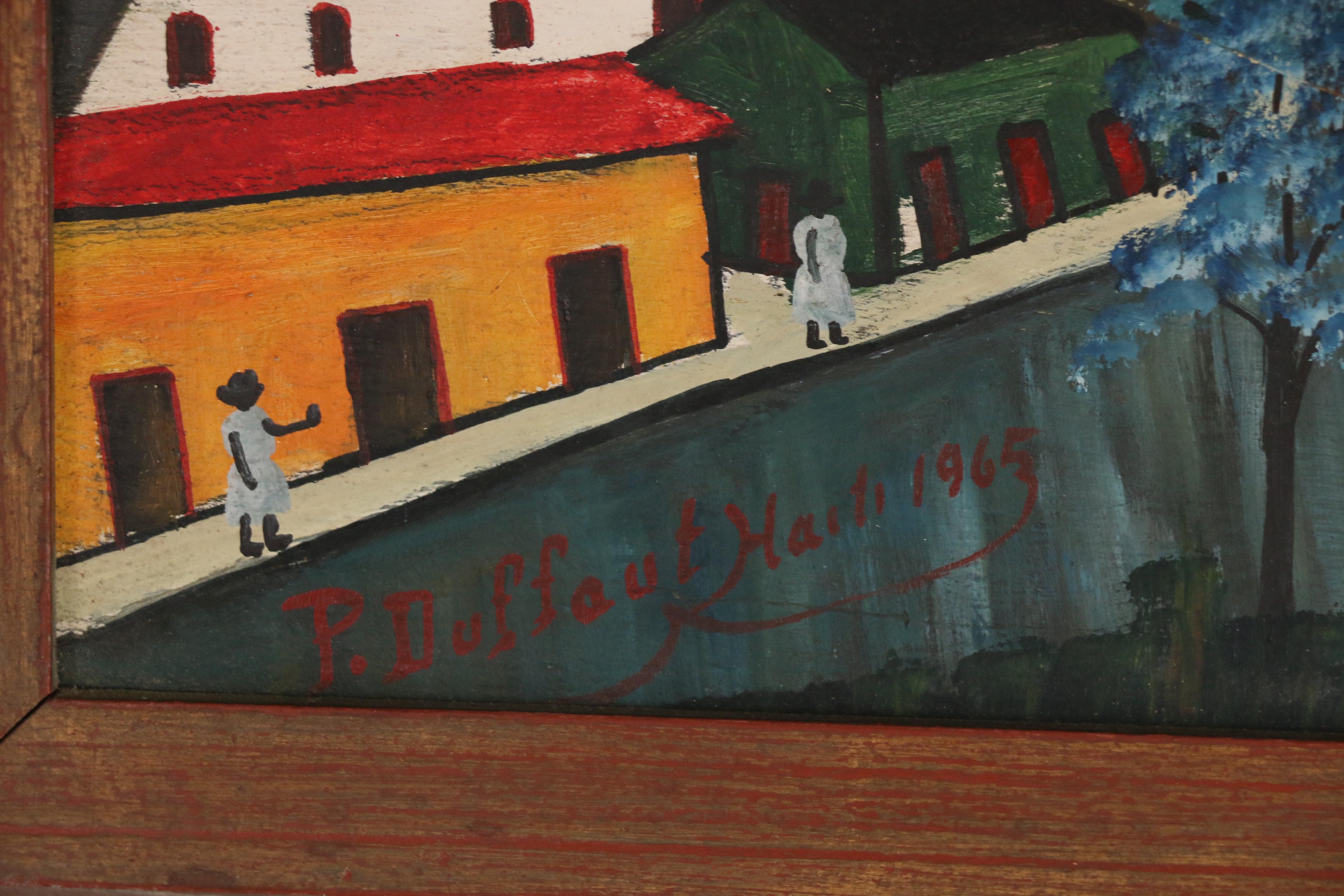Préfète Duffaut Oil Painting of Haitian Village, 1965