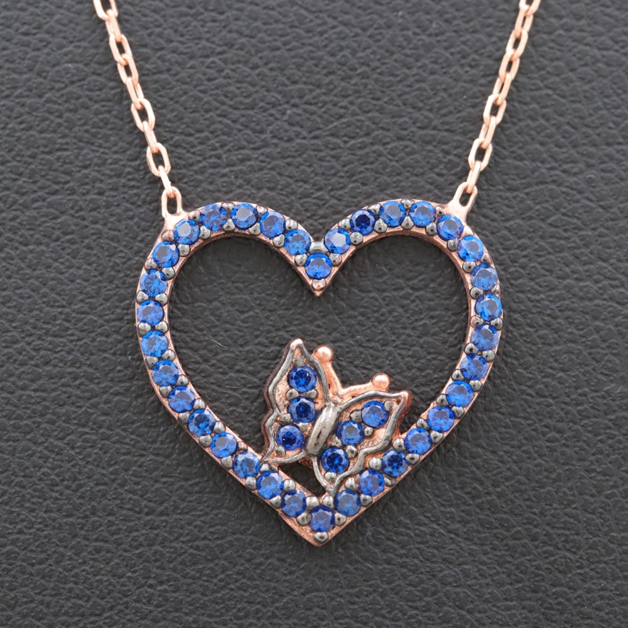 Rose Gold Wash on Sterling Silver Synthetic Blue Spinel Heart Necklace