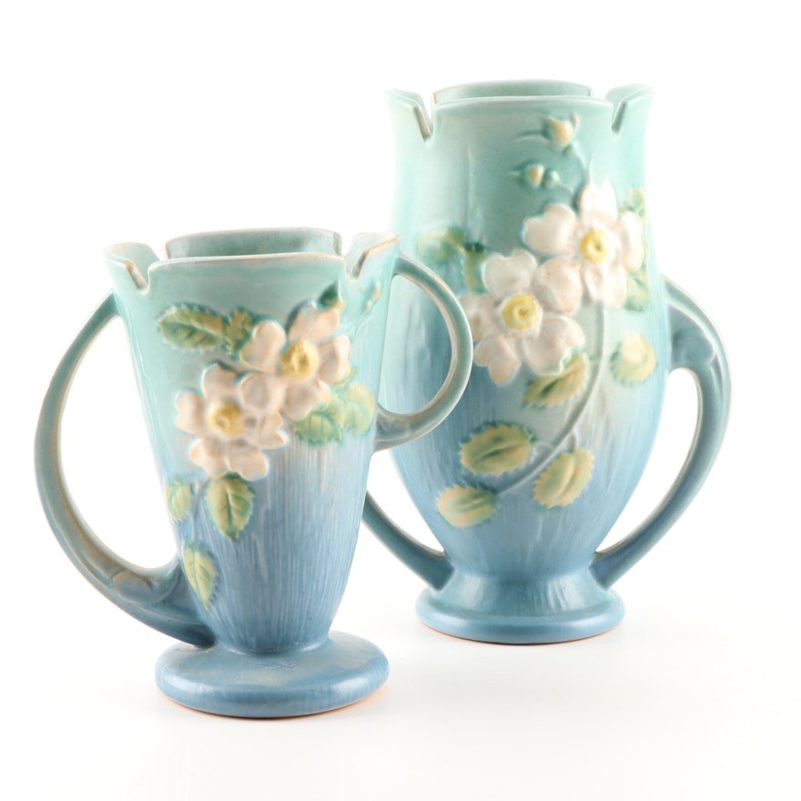 Roseville Pottery "White Rose" Handled Vases, 1940s