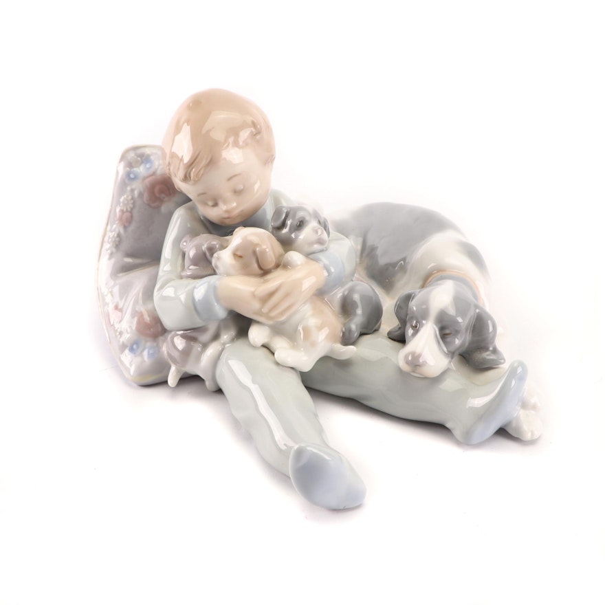 Lladro "Sleeping Child with Puppies and Mama" Porcelain Figurine, 1990s