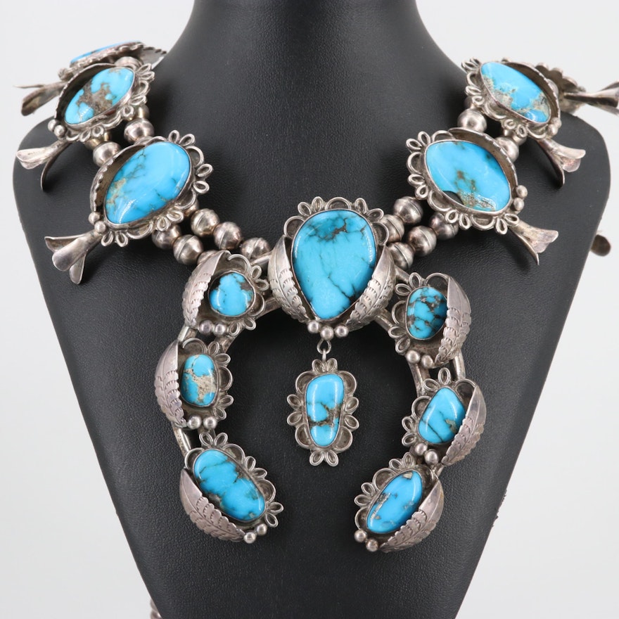 Southwestern Style Sterling Silver Turquoise Squash Blossom Necklace