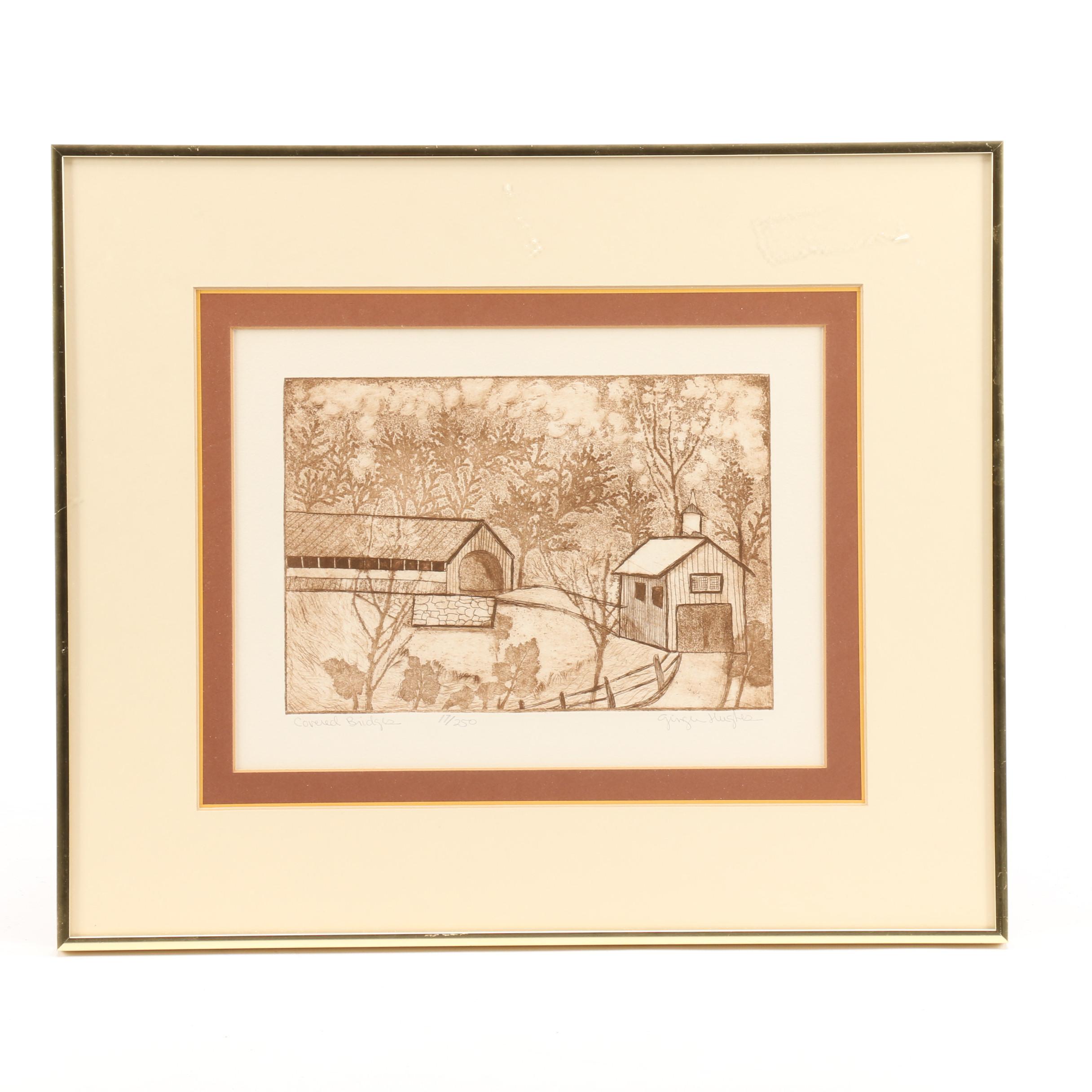 Ginger Hughes Limited Edition Sepia Etching with Aquatint "Covered Bridges"