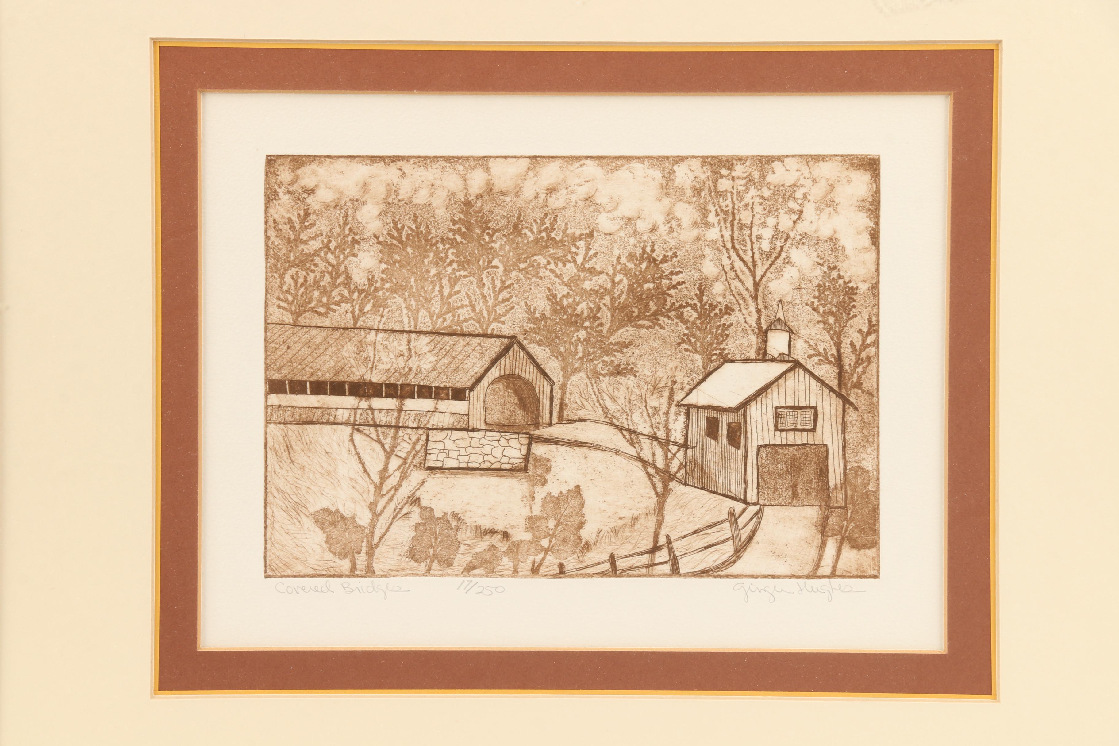 Ginger Hughes Limited Edition Sepia Etching with Aquatint "Covered Bridges"