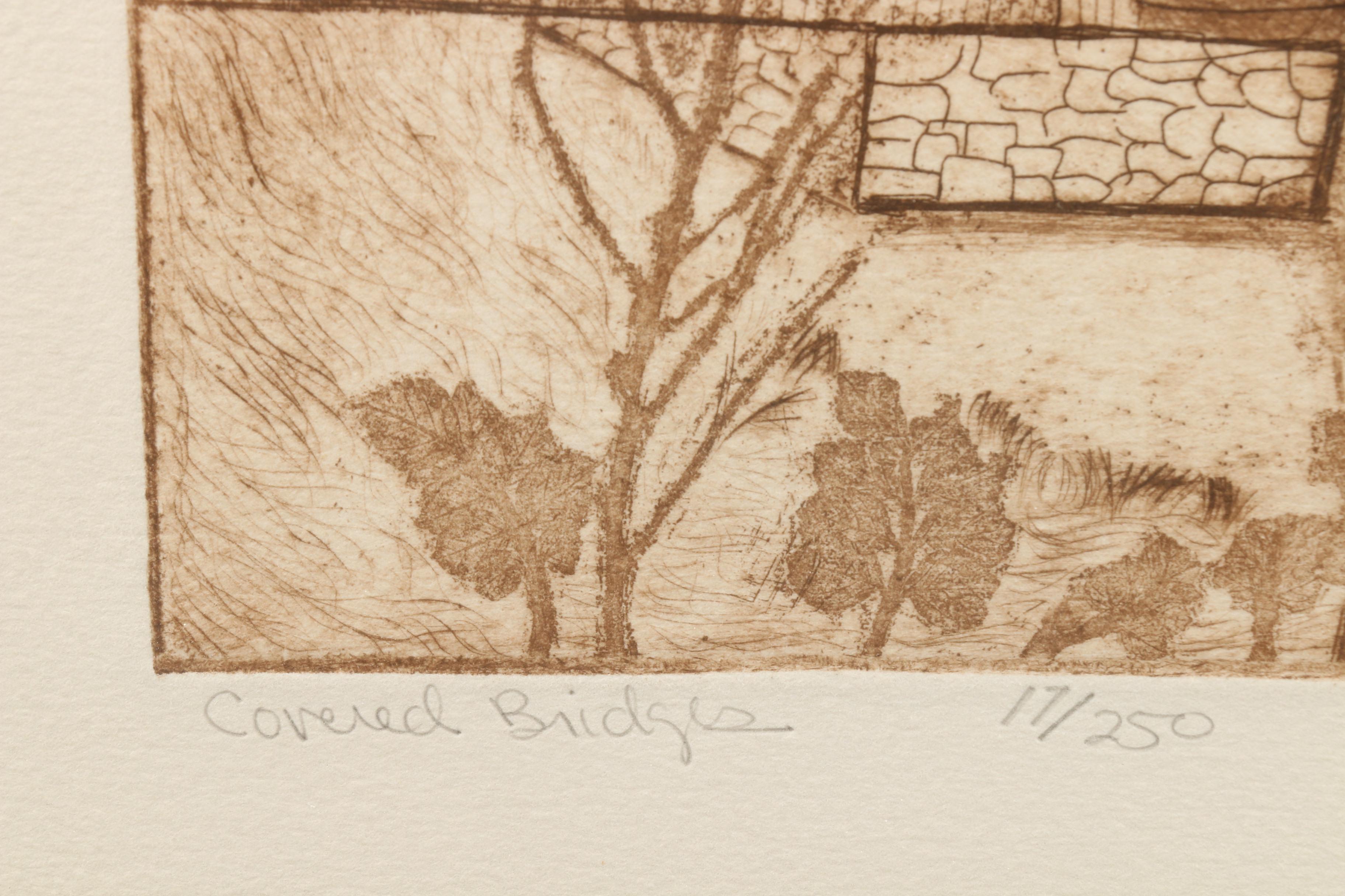 Ginger Hughes Limited Edition Sepia Etching with Aquatint "Covered Bridges"