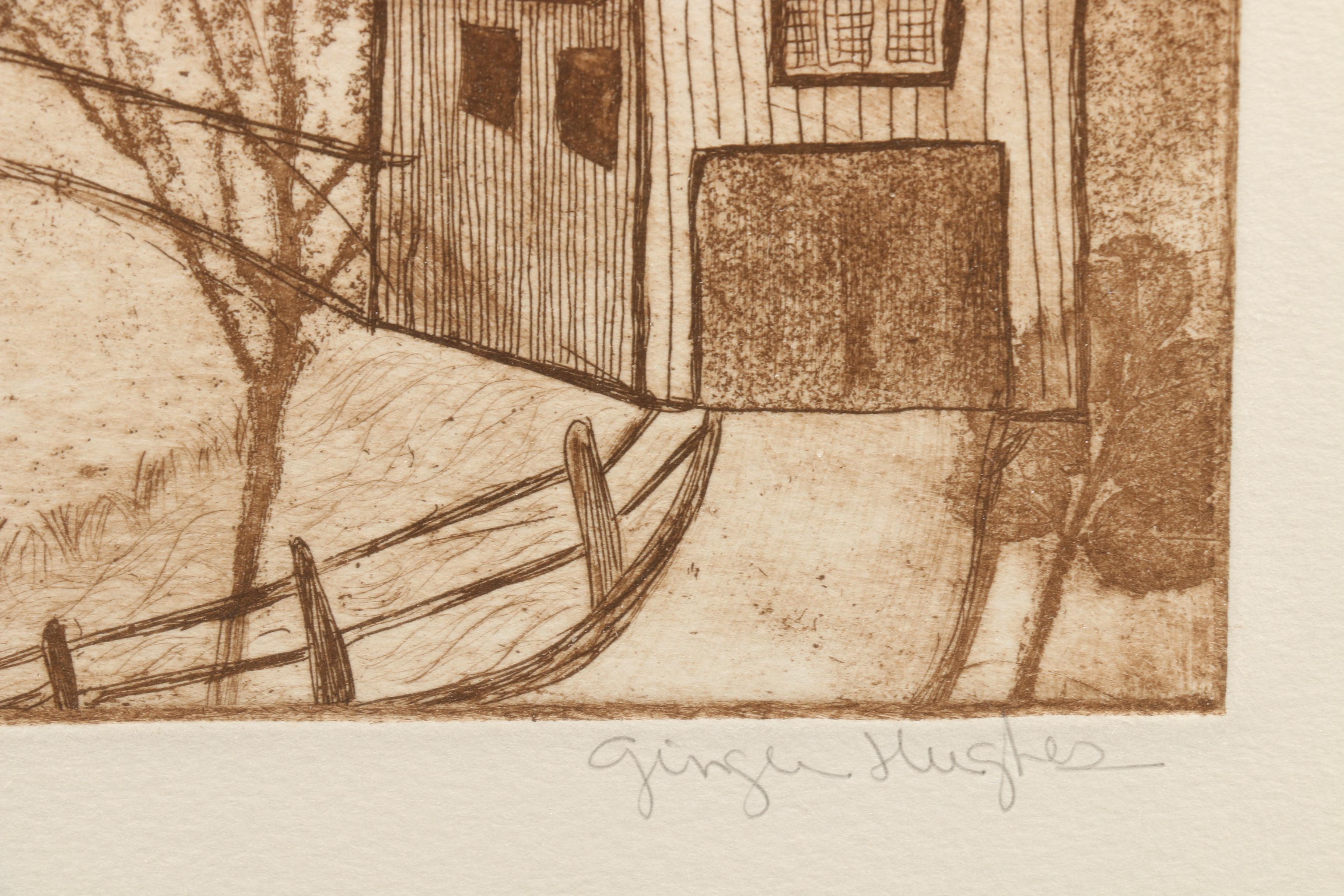 Ginger Hughes Limited Edition Sepia Etching with Aquatint "Covered Bridges"