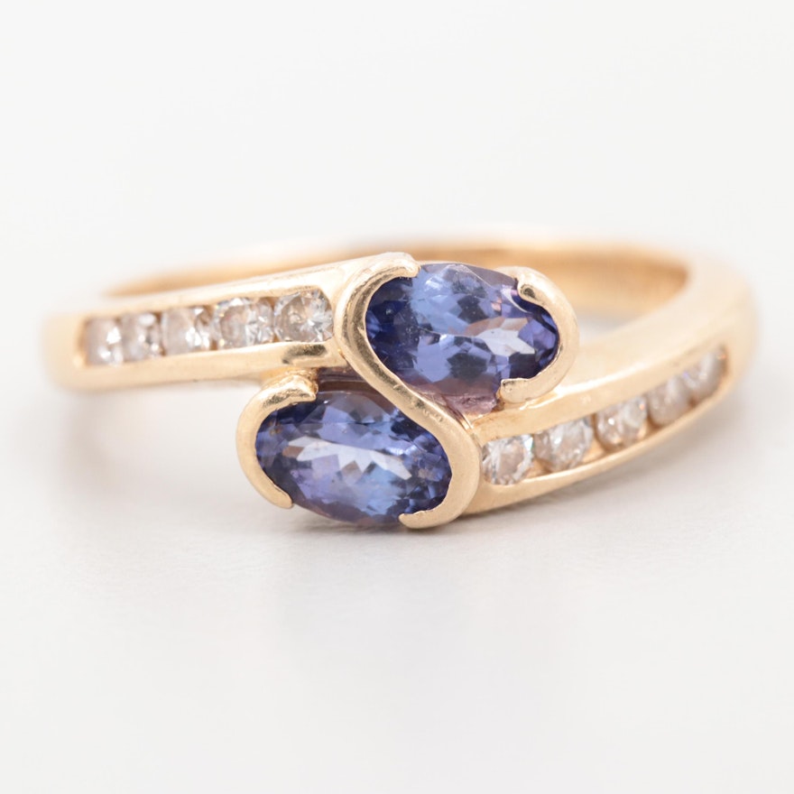 14K Yellow Gold Tanzanite and Diamond Bypass Ring