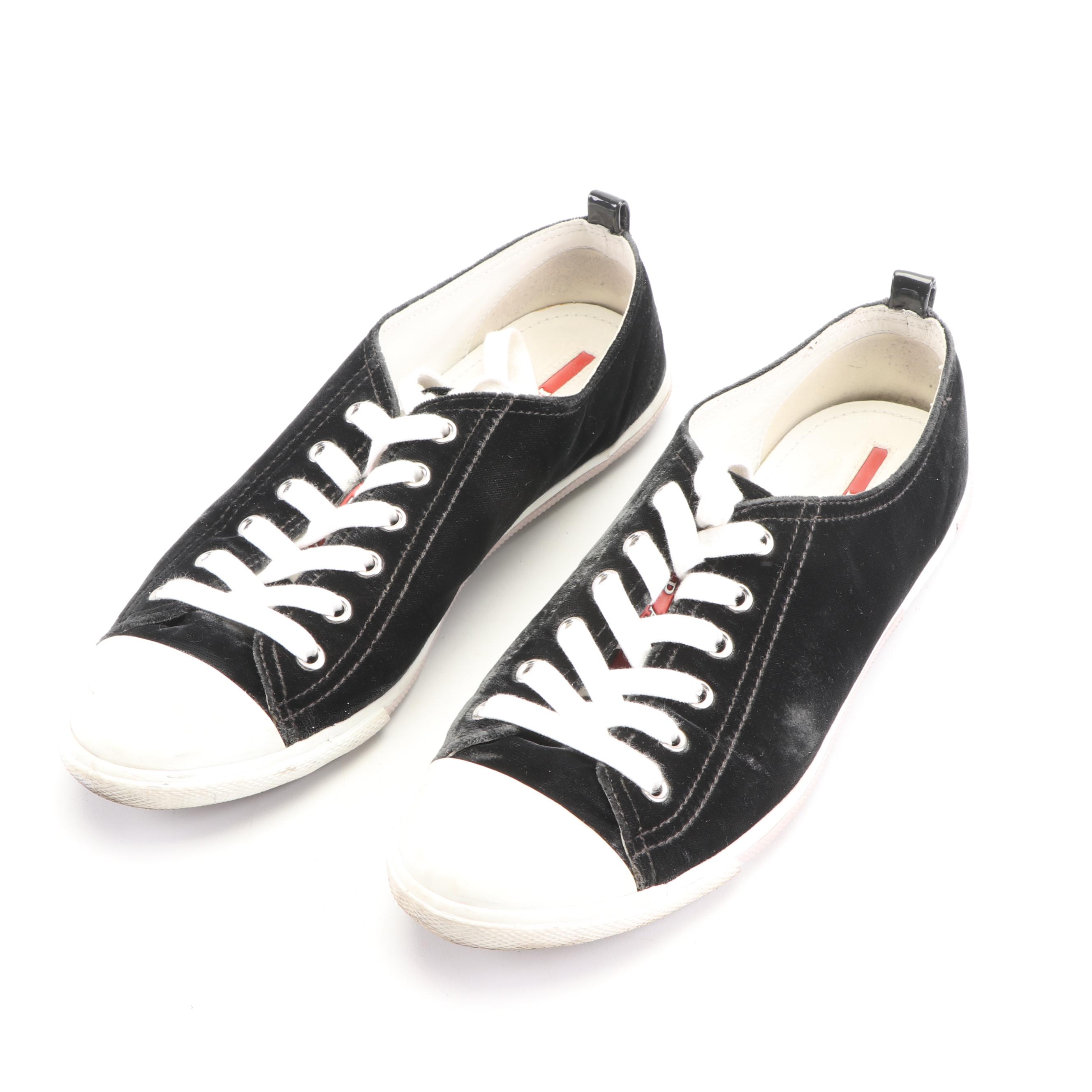 Women's Prada Velvet Grafite Sneakers with Moncler Modello Quilted Cosmetic Bag