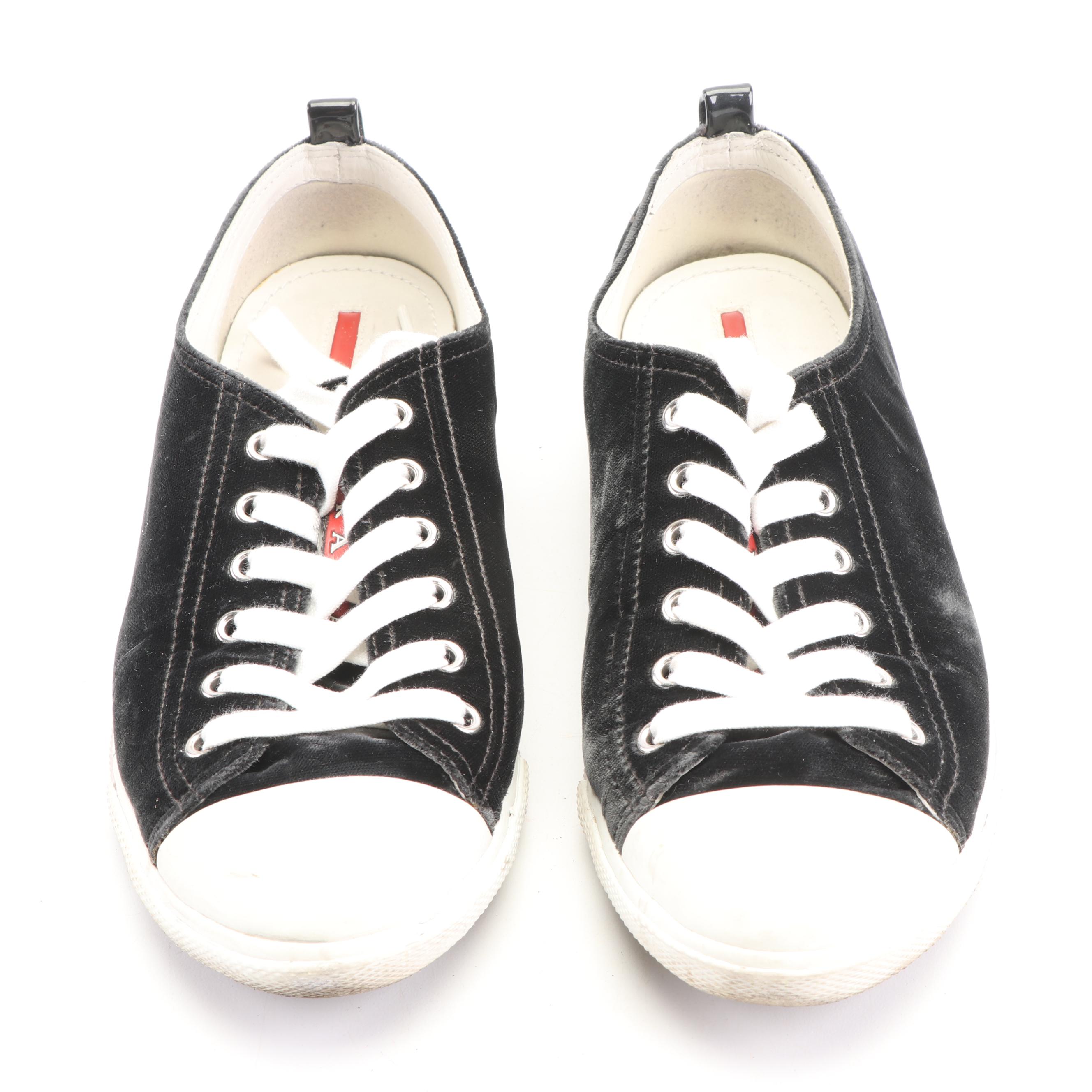 Women's Prada Velvet Grafite Sneakers with Moncler Modello Quilted Cosmetic Bag