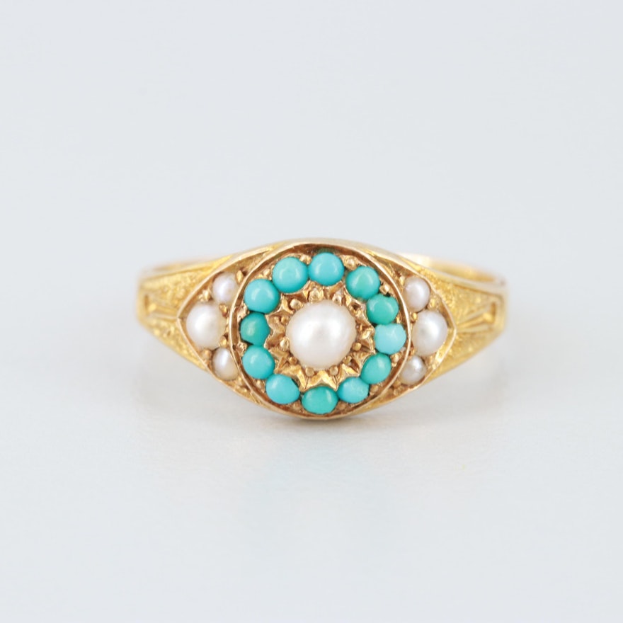 Victorian 15K Yellow Gold Cultured Pearl and Turquoise Ring