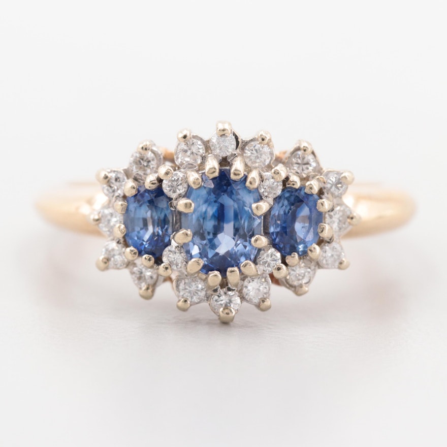 14K Yellow Gold Blue Sapphire and Diamond Ring