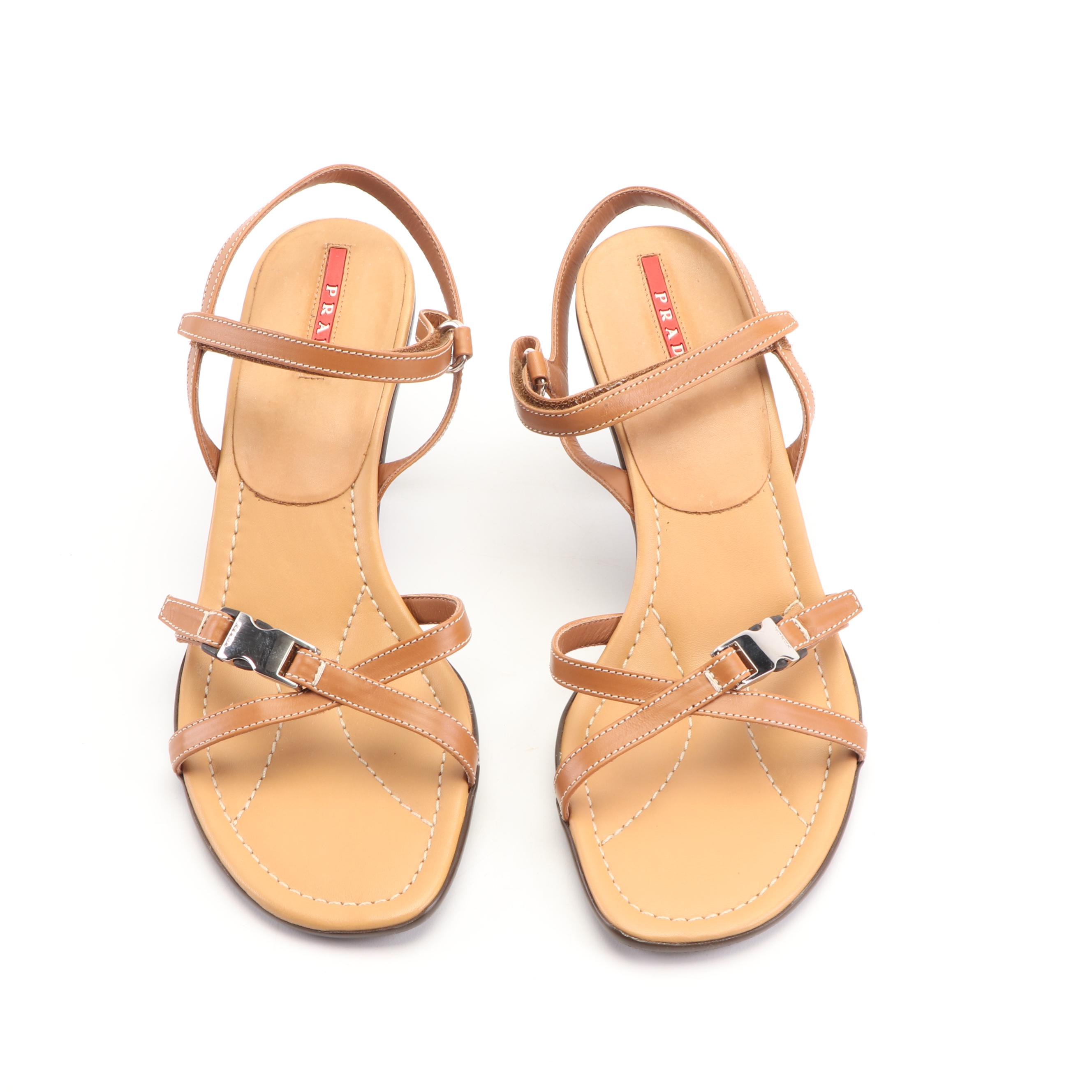 Prada Tan Leather Strappy Sandals with Buckle Accents, Made in Italy