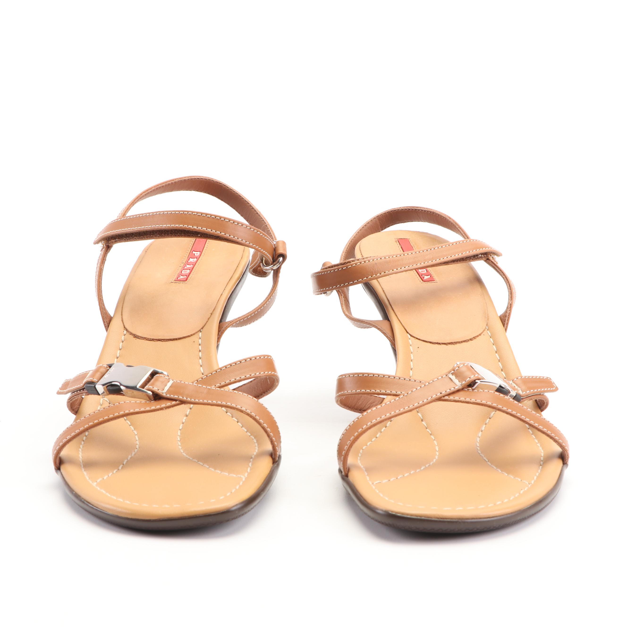 Prada Tan Leather Strappy Sandals with Buckle Accents, Made in Italy