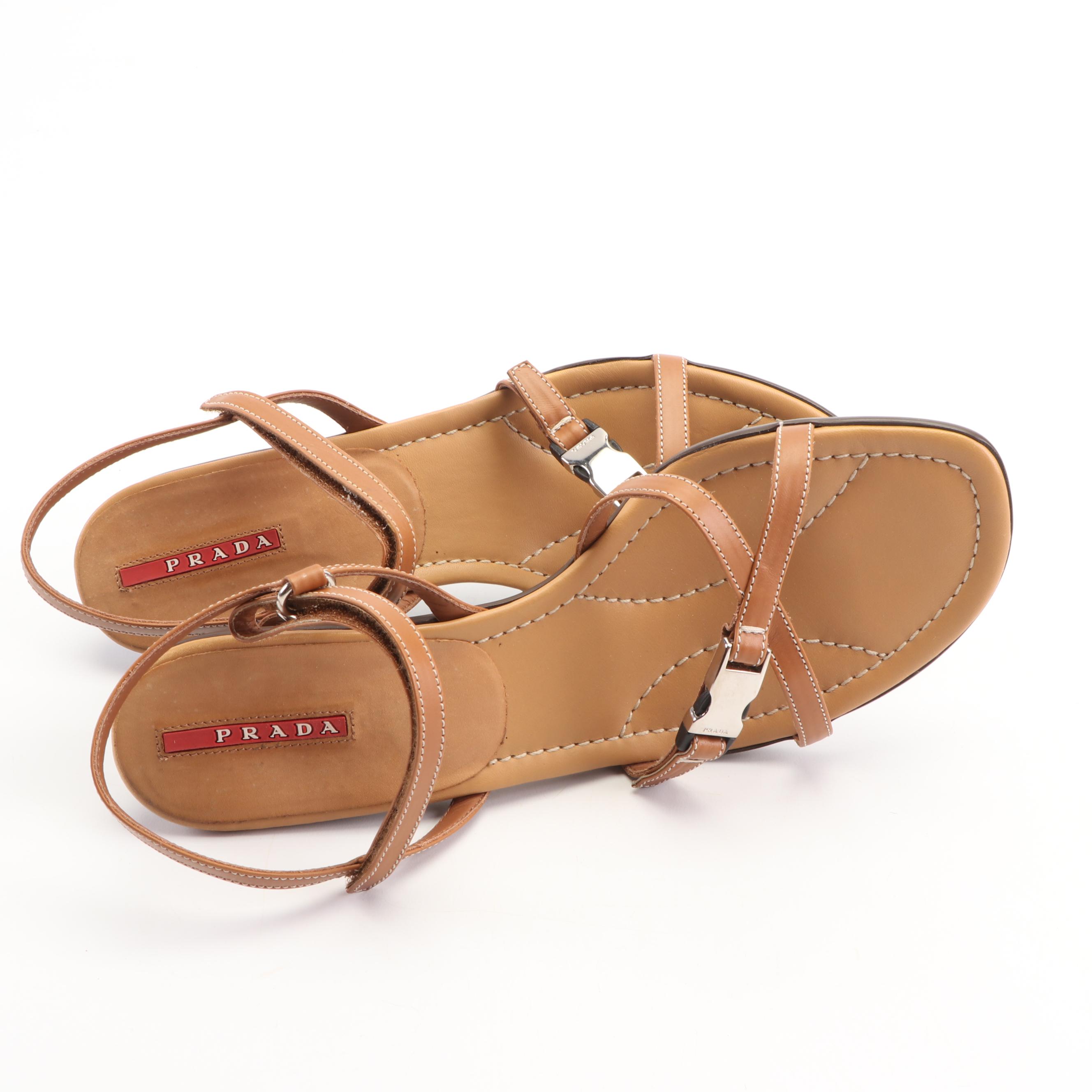 Prada Tan Leather Strappy Sandals with Buckle Accents, Made in Italy