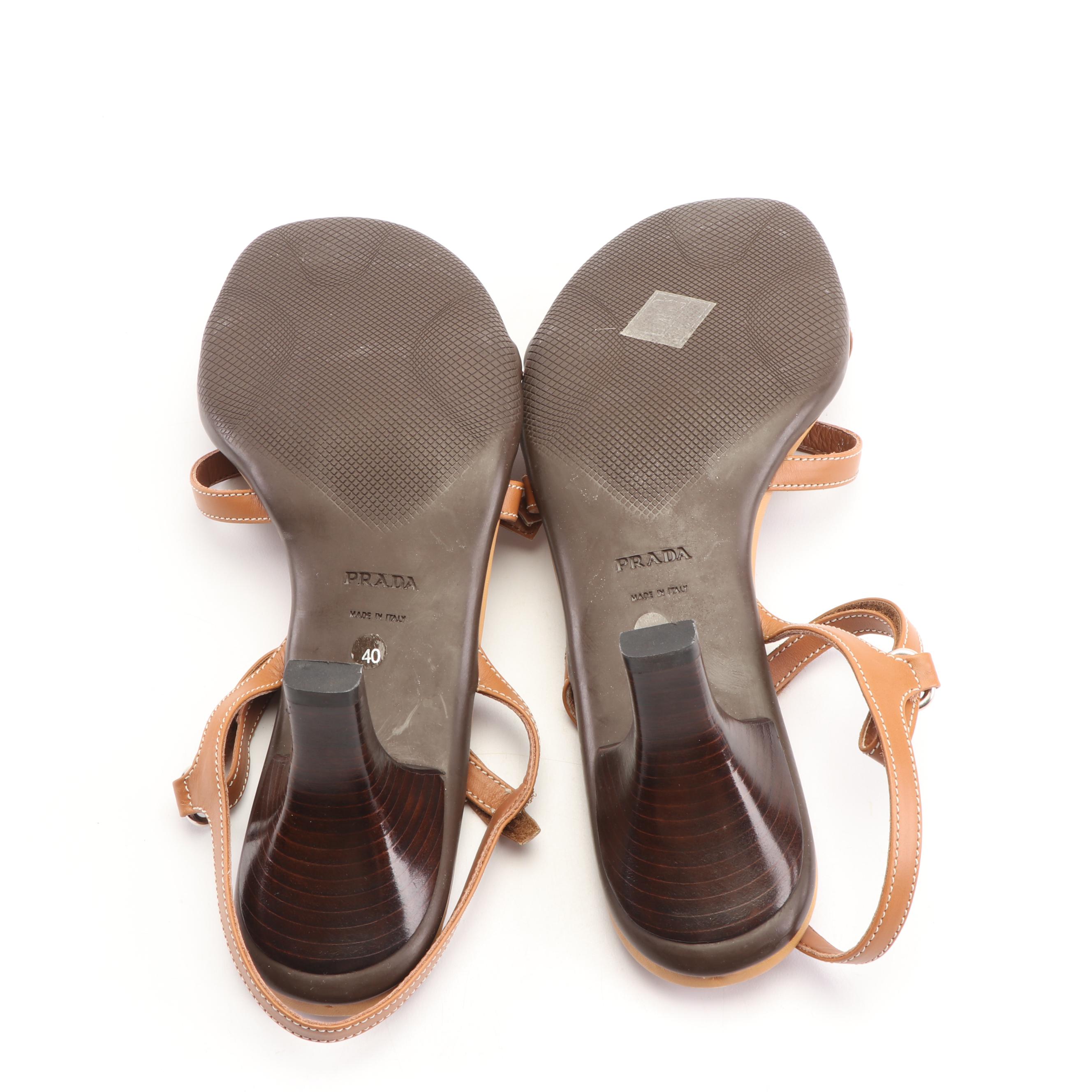 Prada Tan Leather Strappy Sandals with Buckle Accents, Made in Italy