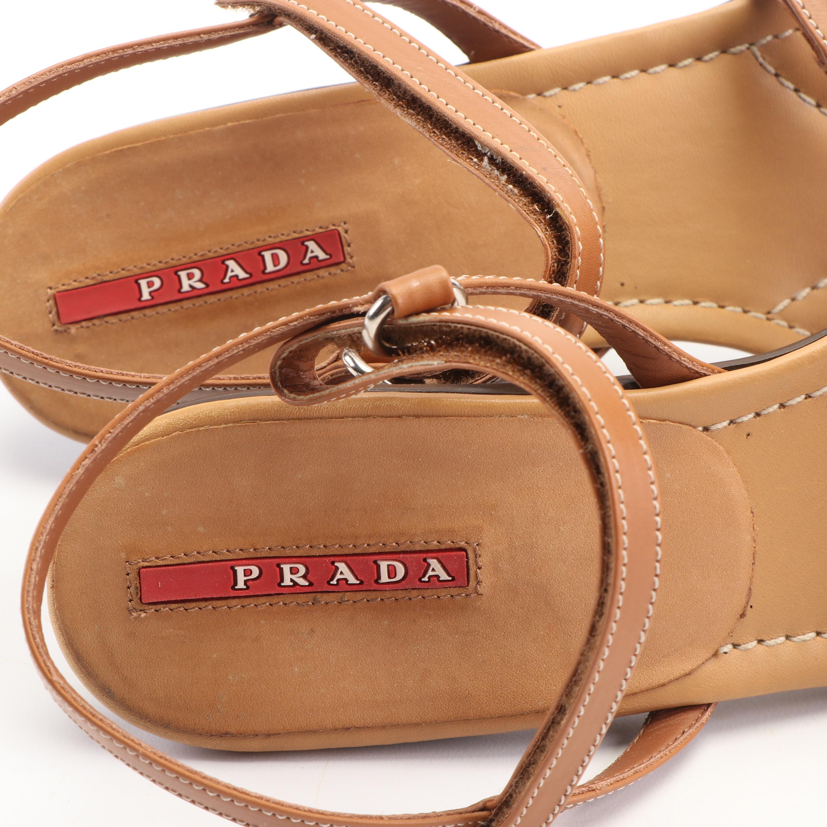 Prada Tan Leather Strappy Sandals with Buckle Accents, Made in Italy