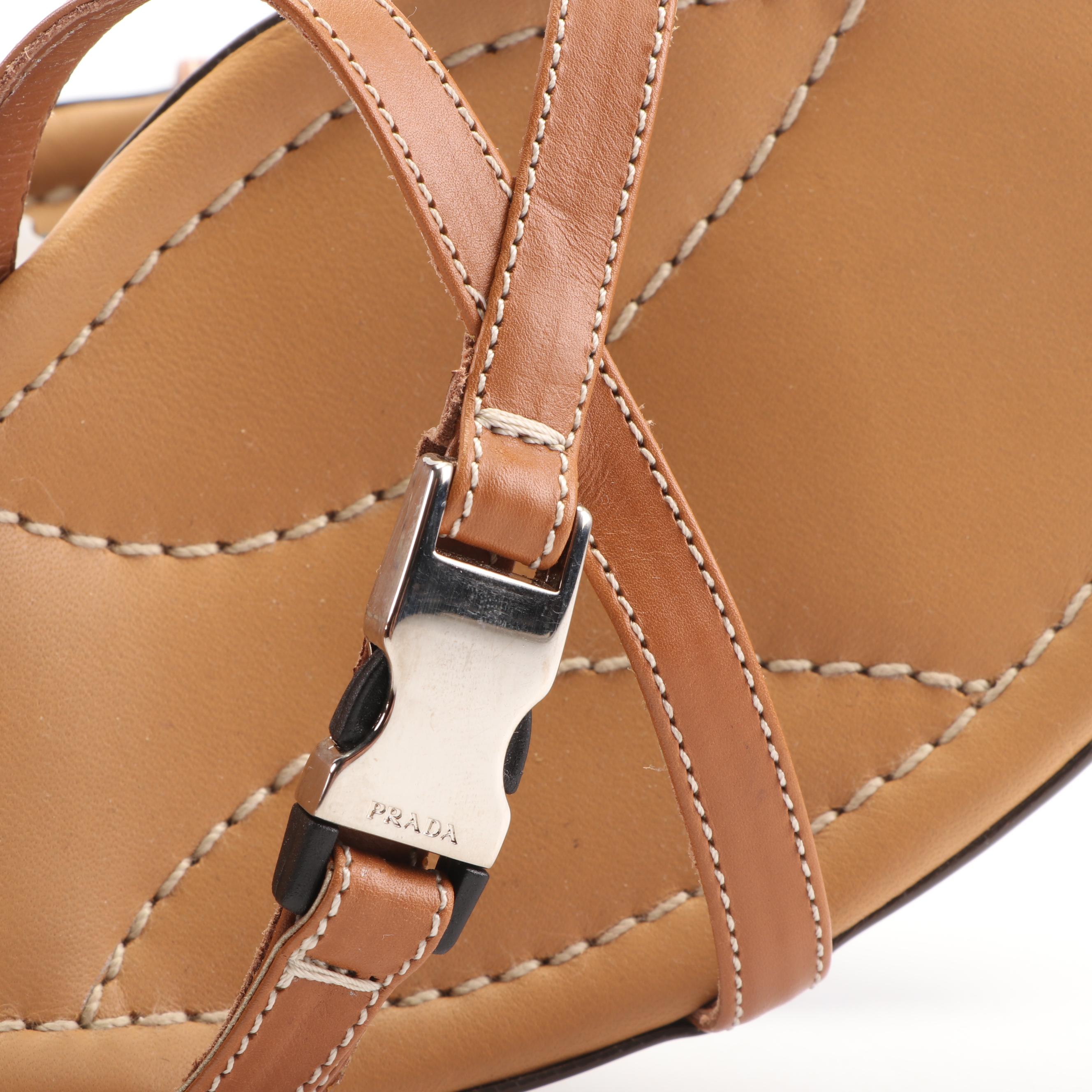 Prada Tan Leather Strappy Sandals with Buckle Accents, Made in Italy