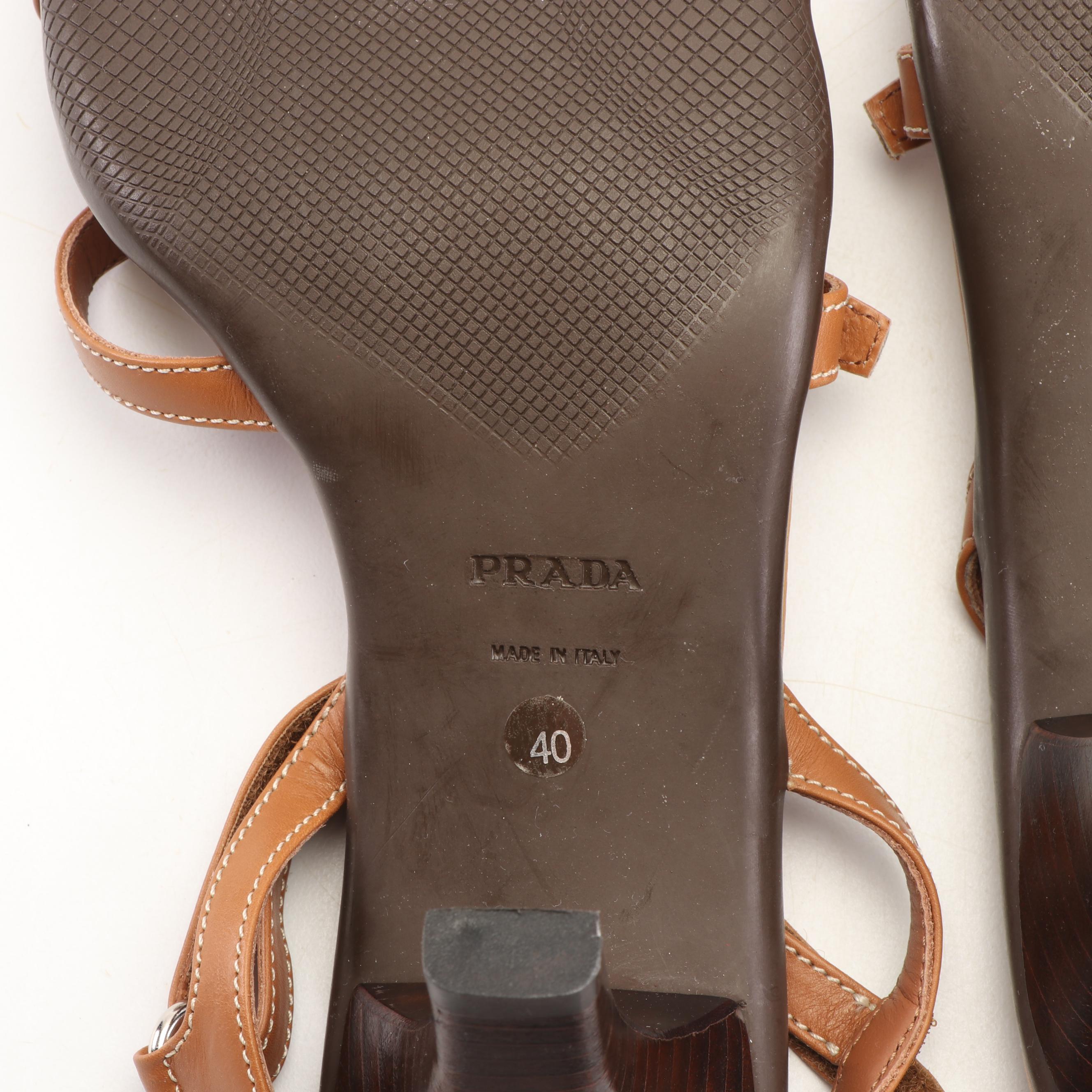 Prada Tan Leather Strappy Sandals with Buckle Accents, Made in Italy