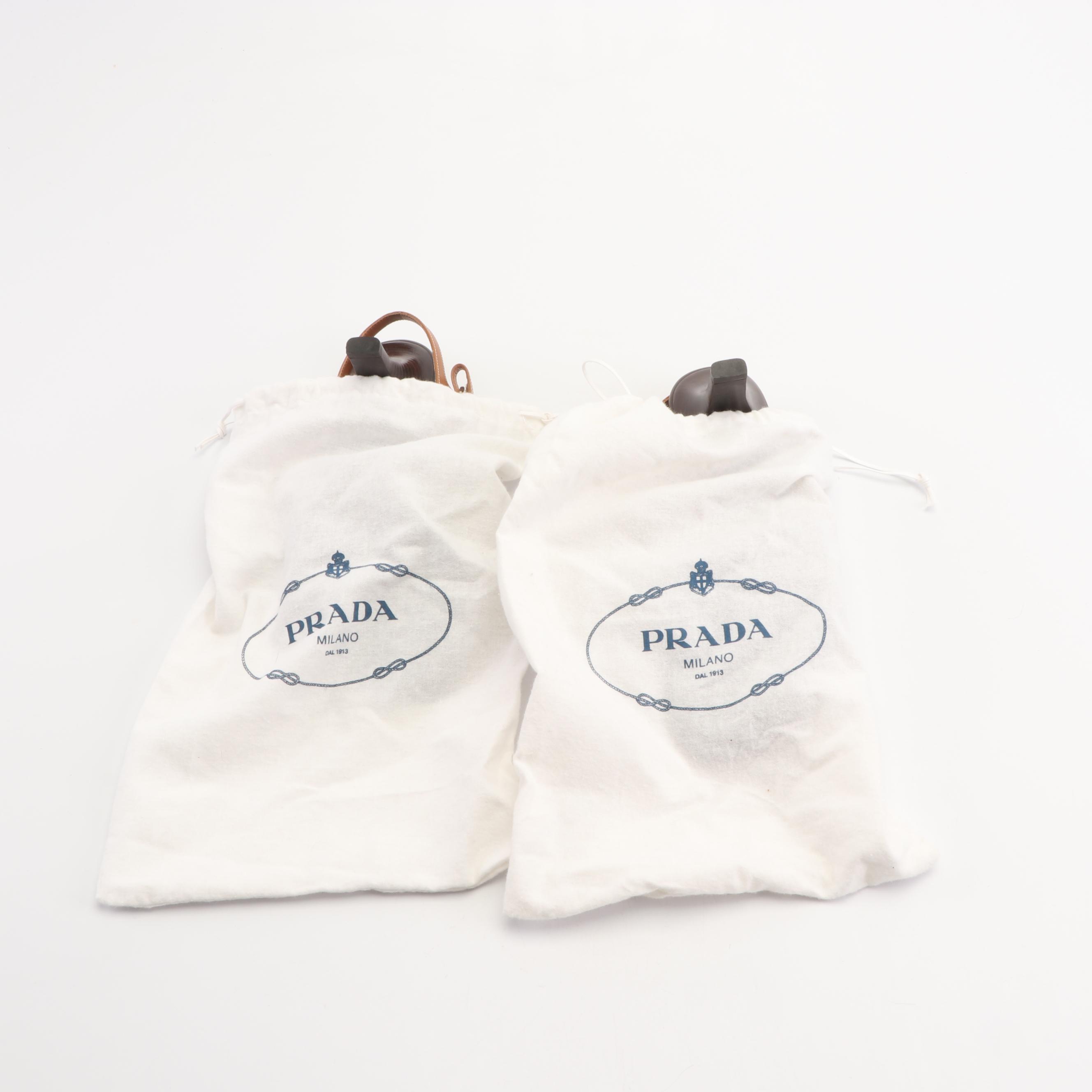 Prada Tan Leather Strappy Sandals with Buckle Accents, Made in Italy