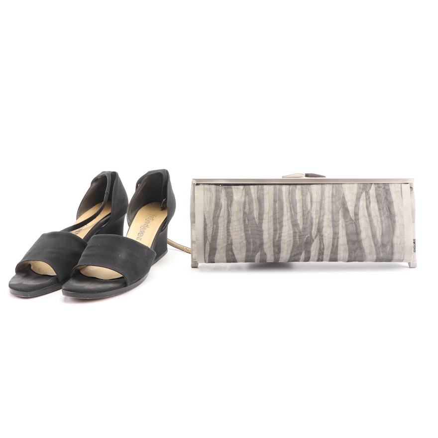 Yves Saint Laurent Black Wedge Sandals with Bo's Art Clutch of Los Angeles