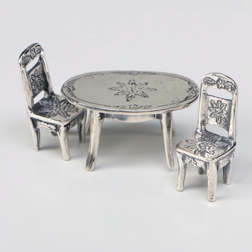 Mexican Miniature Sterling Dinner Table and Dining Chairs