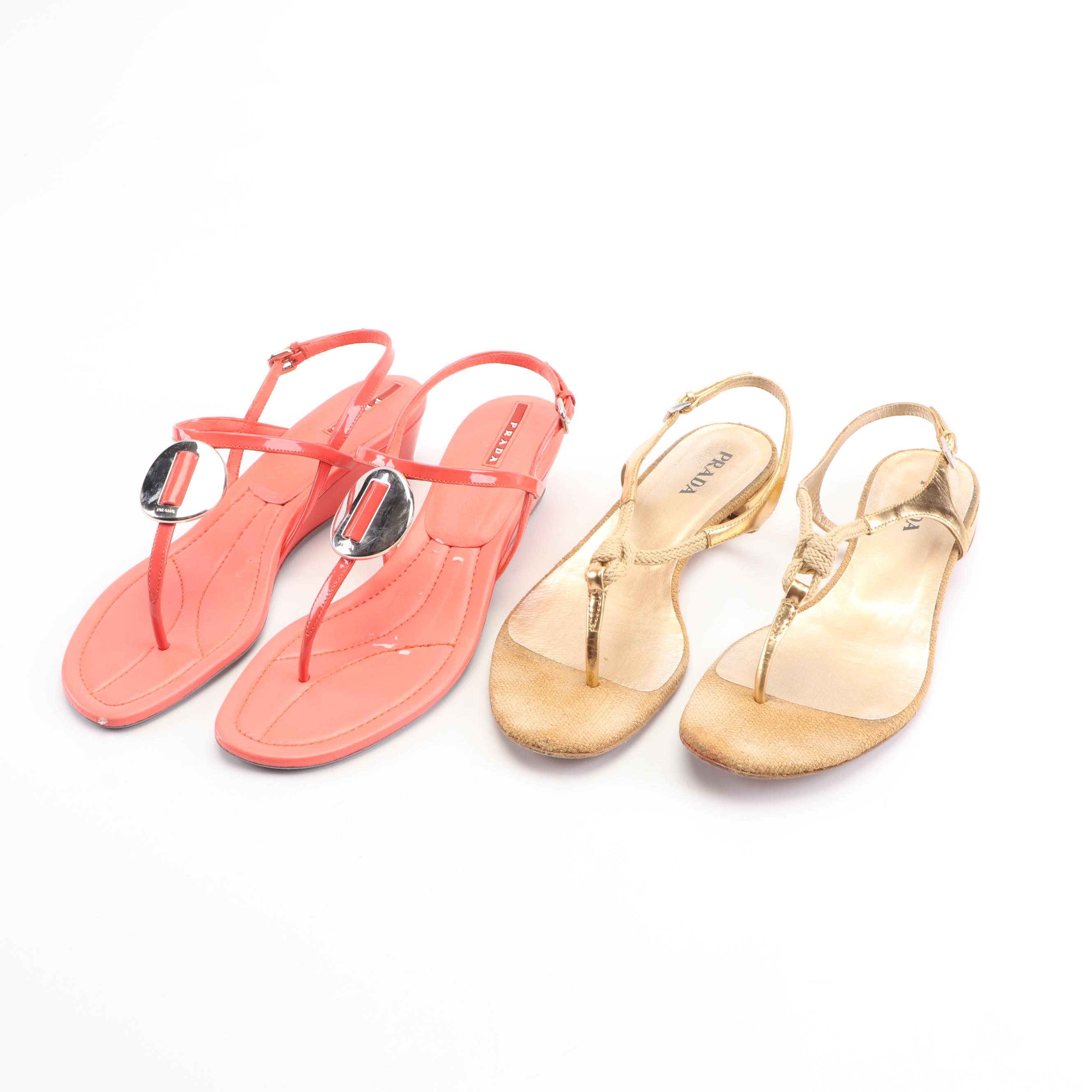 Prada Metallic Gold and Coral-Colored Sandals, Made in Italy