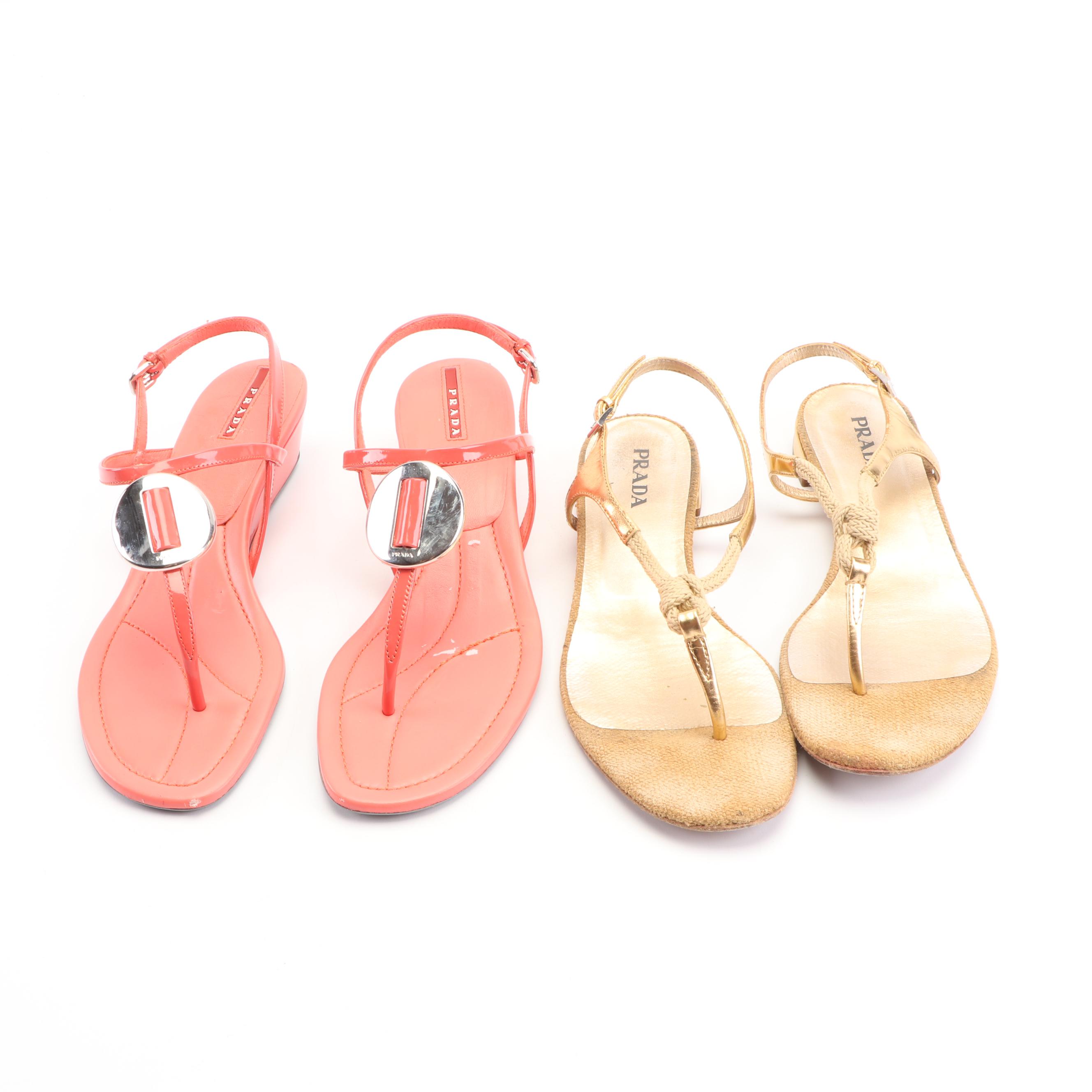 Prada Metallic Gold and Coral-Colored Sandals, Made in Italy
