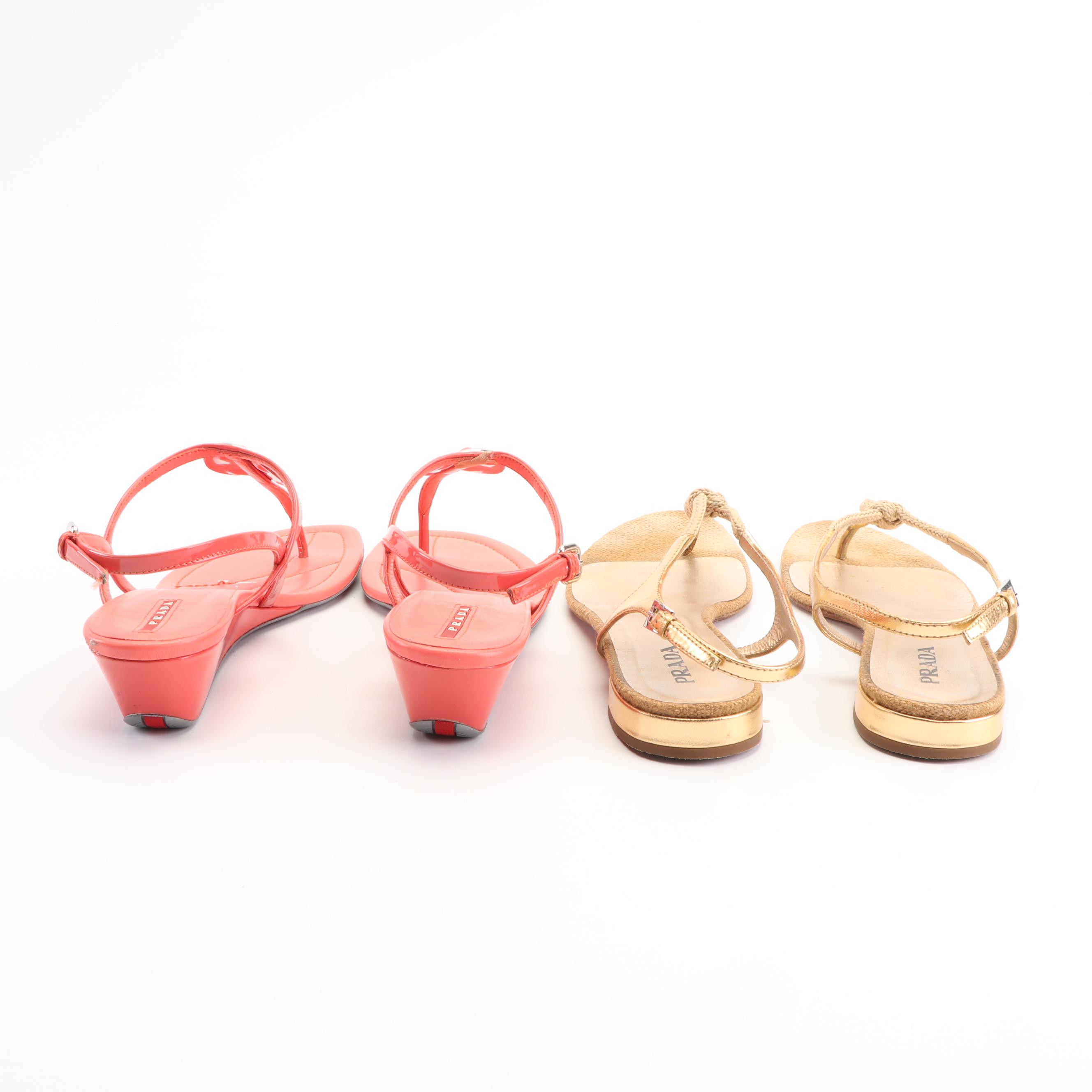 Prada Metallic Gold and Coral-Colored Sandals, Made in Italy