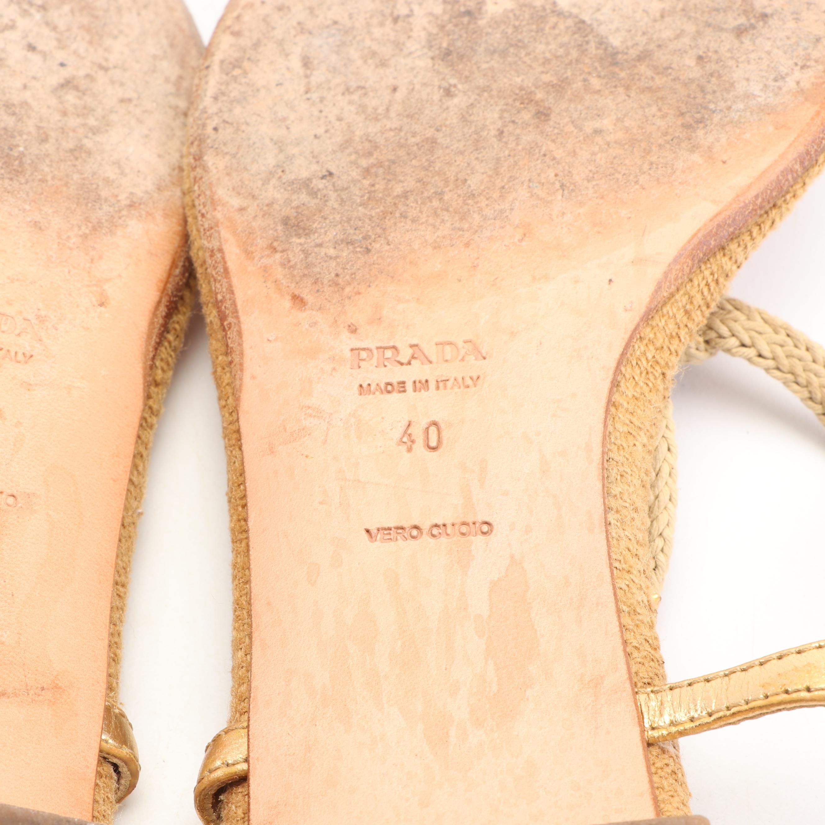 Prada Metallic Gold and Coral-Colored Sandals, Made in Italy