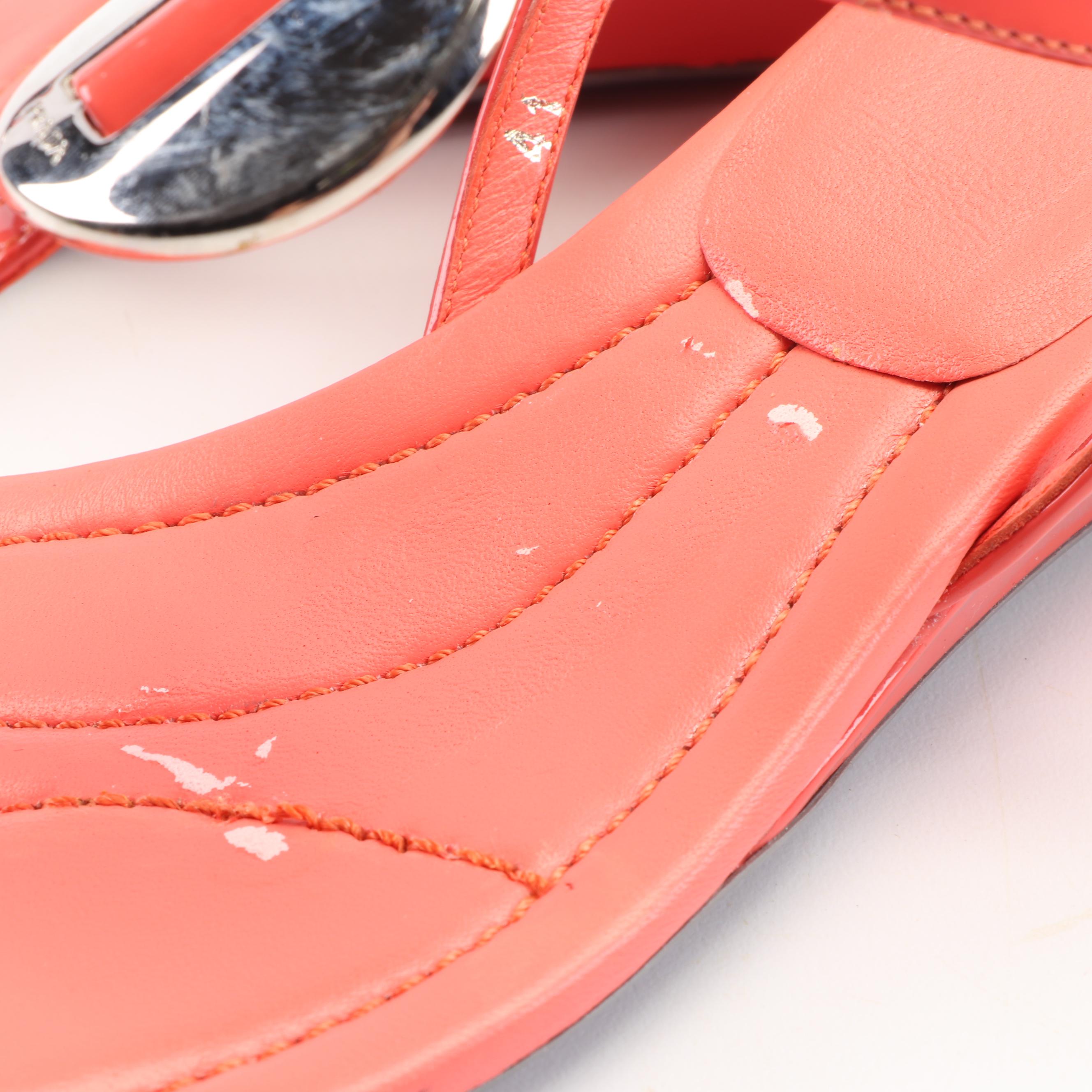 Prada Metallic Gold and Coral-Colored Sandals, Made in Italy