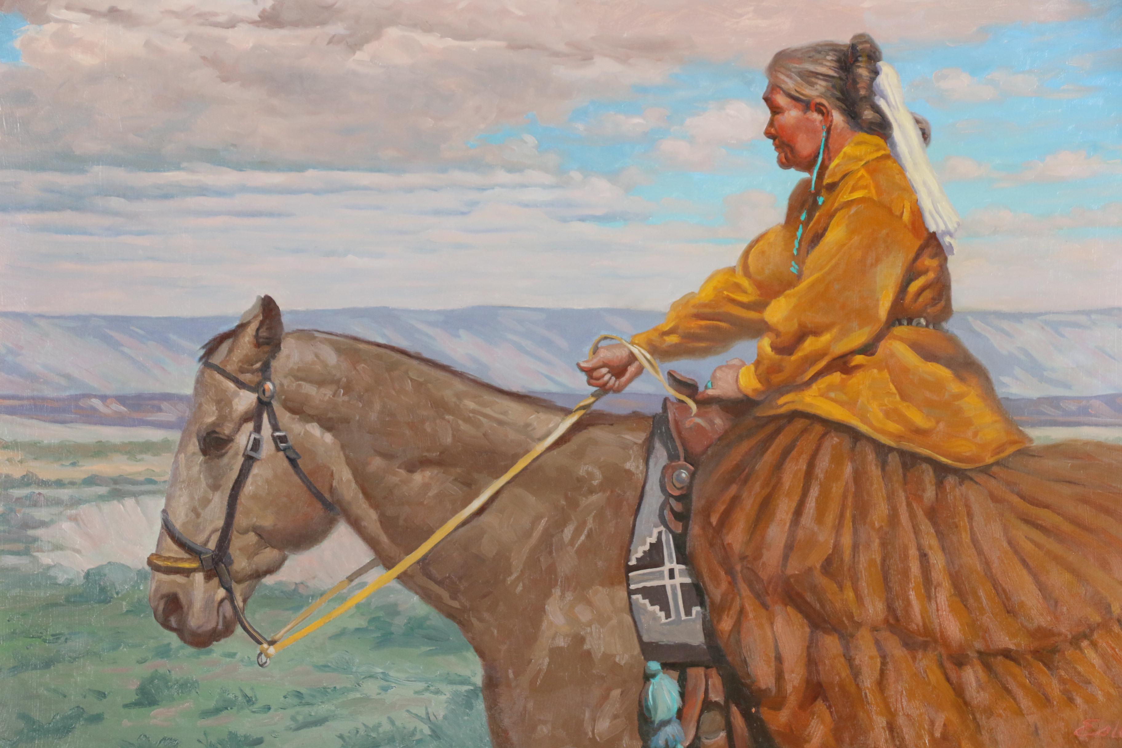 Donald Esley Oil Painting of Native American Woman on Horseback