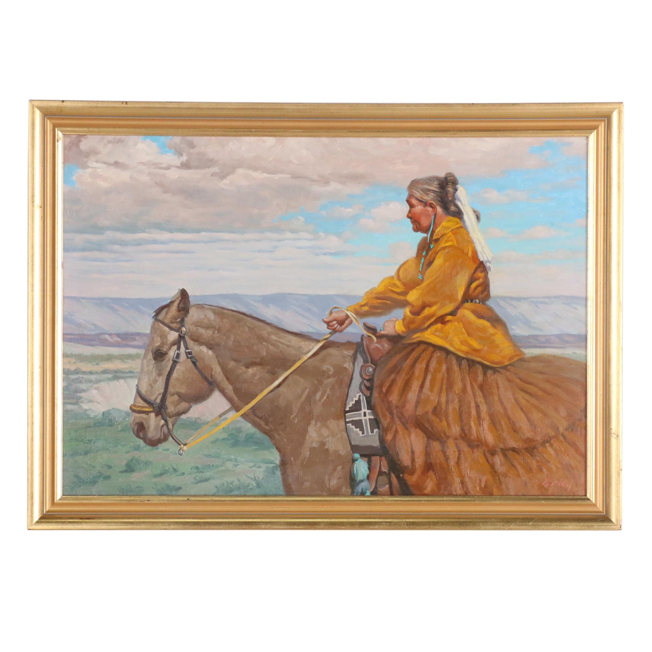 Donald Esley Oil Painting of Native American Woman on Horseback