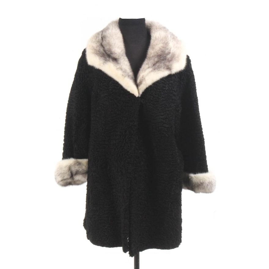Black Persian Lamb Coat by Le Don with Cross Mink Fur Trim, Vintage