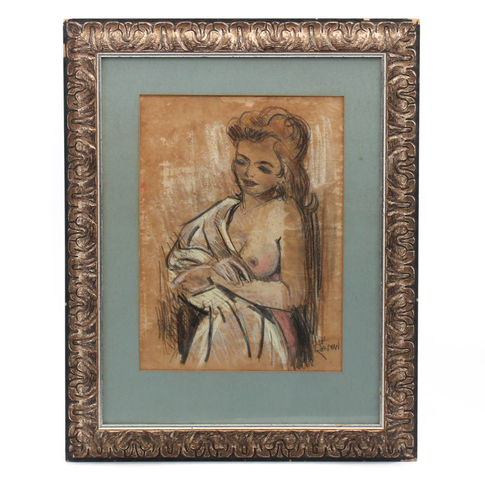 Paul Reinman "After the Bath" Pastel and Crayon Drawing