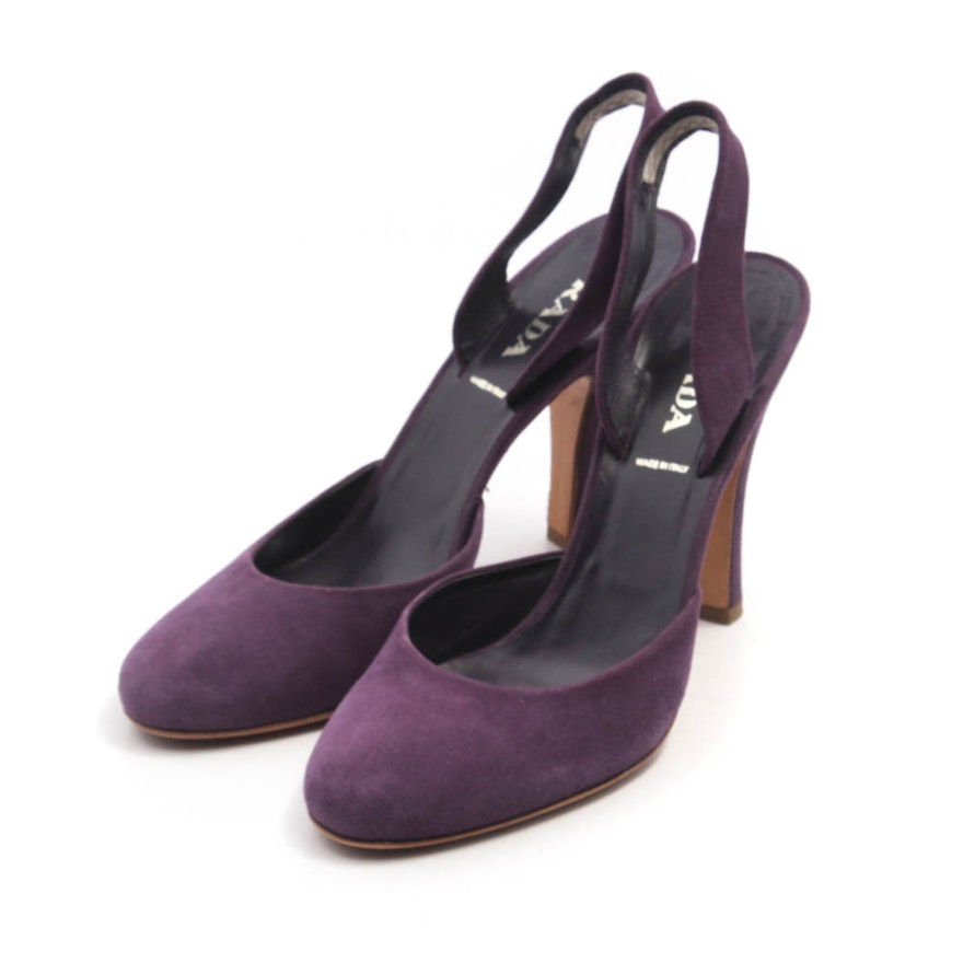Prada Vero Cuoio Purple Suede High Heel Slingbacks, Made in Italy