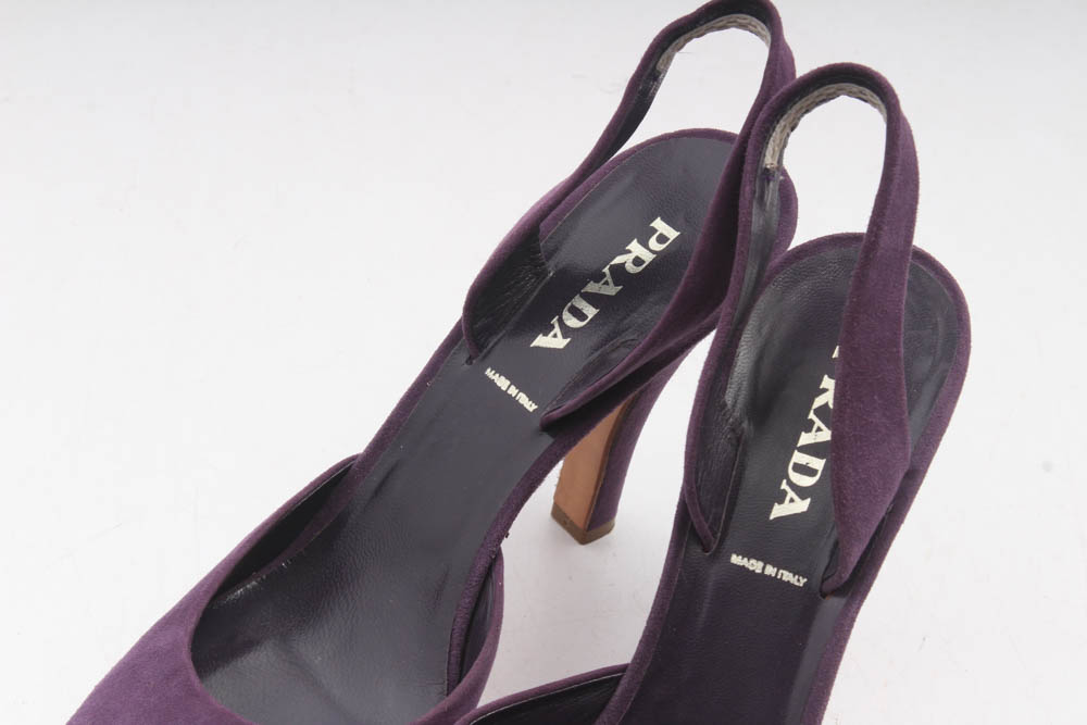 Prada Vero Cuoio Purple Suede High Heel Slingbacks, Made in Italy