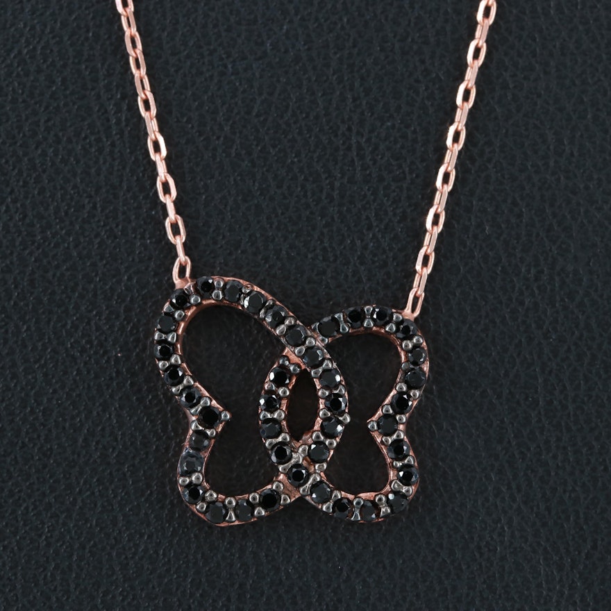 Rose Gold Wash on Sterling Silver Black Cubic Zirconia Pendant Necklace