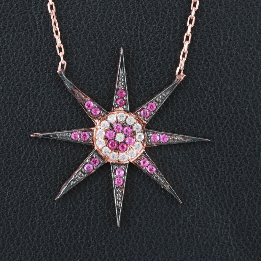 Rose Wash on Sterling Silver Cubic Zirconia and Synthetic Ruby Sunburst Necklace