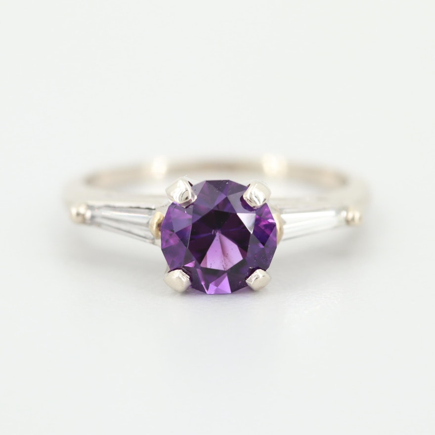 14K White Gold Amethyst and Diamond Ring