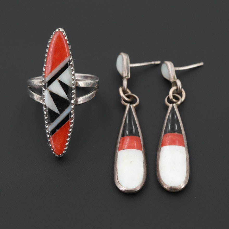 Southwestern Sterling Silver Coral, Shell and Resin Inlay Ring and Earrings