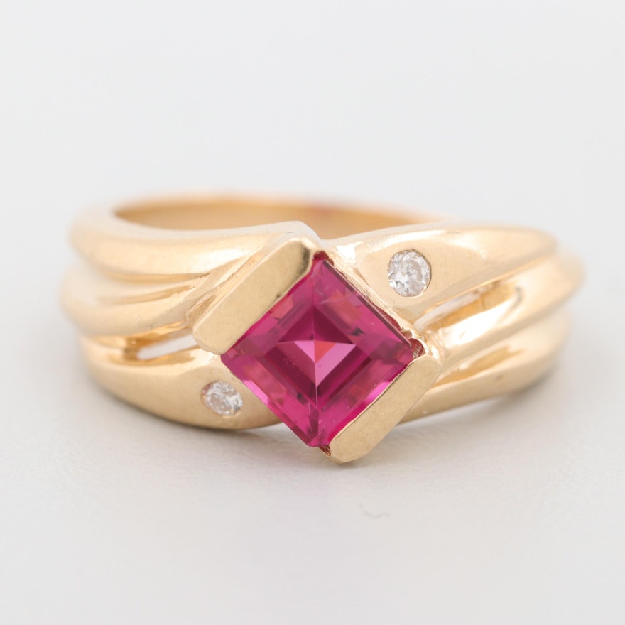 14K Yellow Gold Pink Tourmaline and Diamond Ring