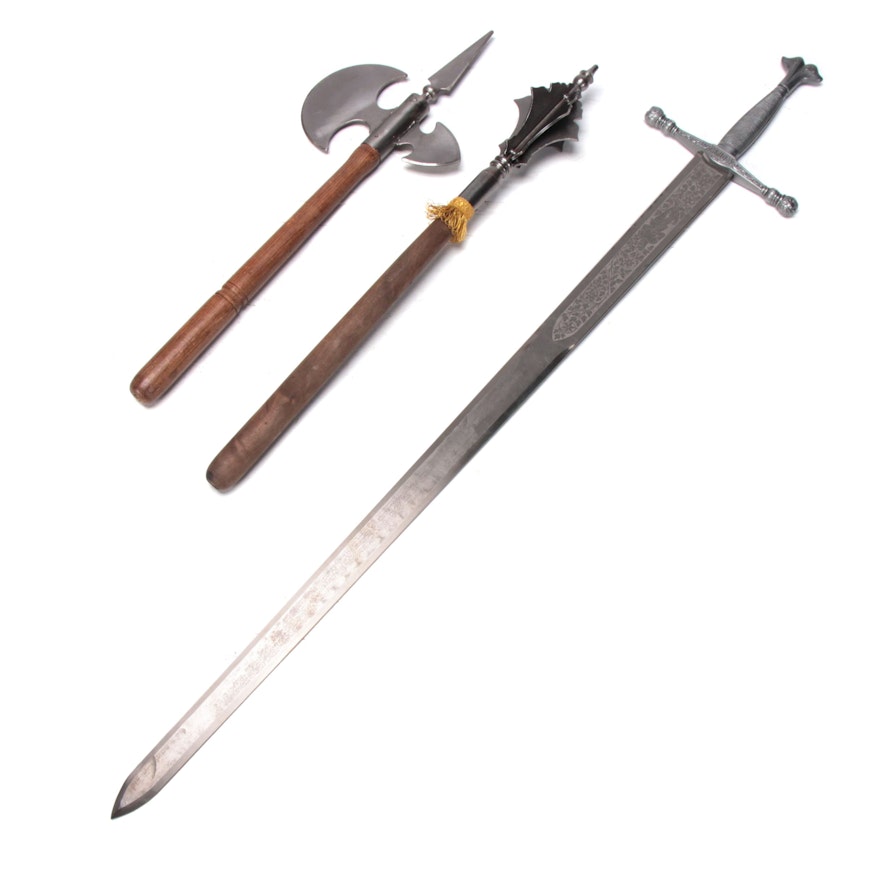Replica Charles V Toledo Steel Sword and Medieval Style Axe and Flanged Mace